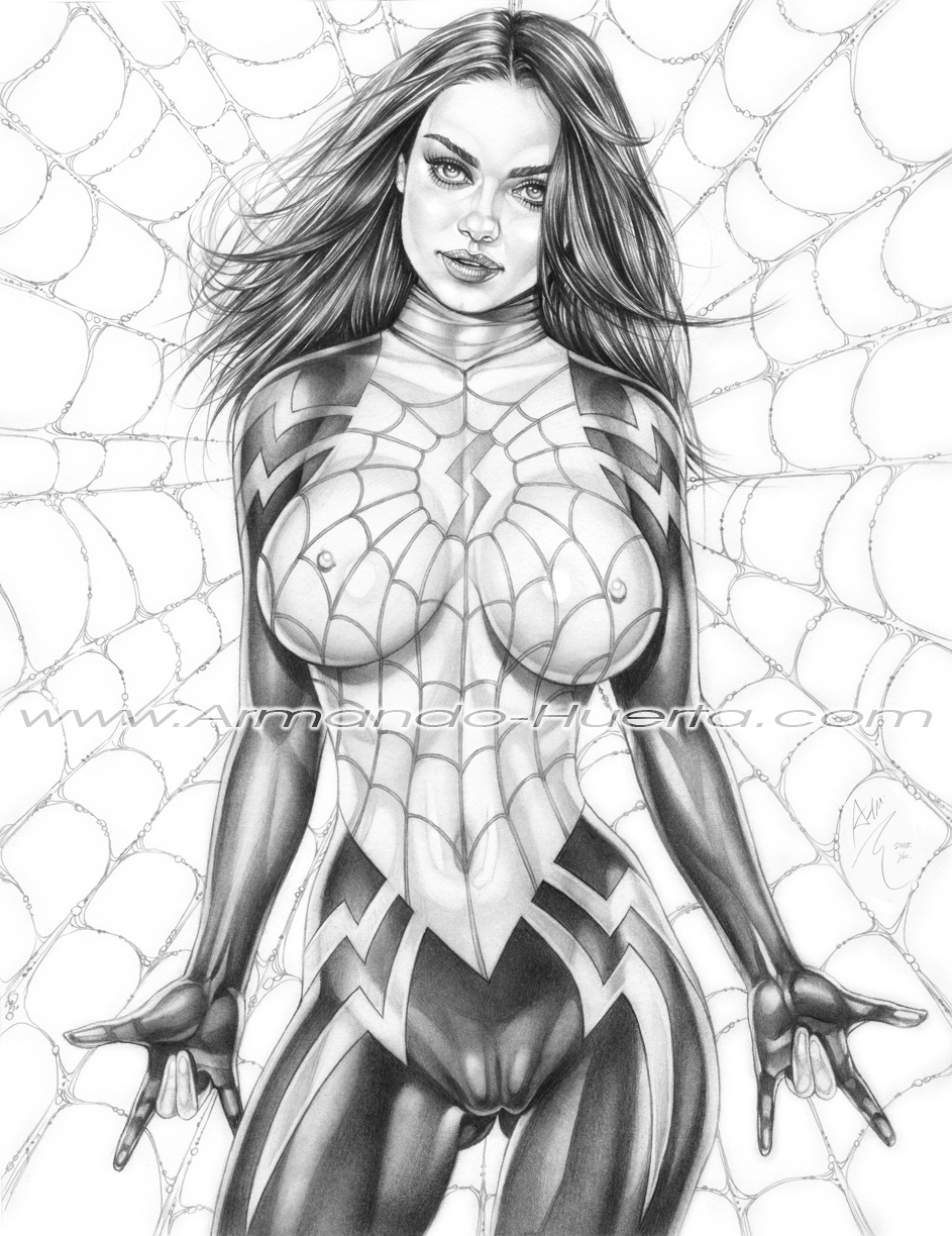 1girls actress armando_huerta black_hair bodysuit celebrity cindy_moon covered_nipples erect_nipples female female_only long_hair marvel marvel_comics mila_kunis monochrome silk_(marvel) solo spider-man_(series) spider_web watermark web