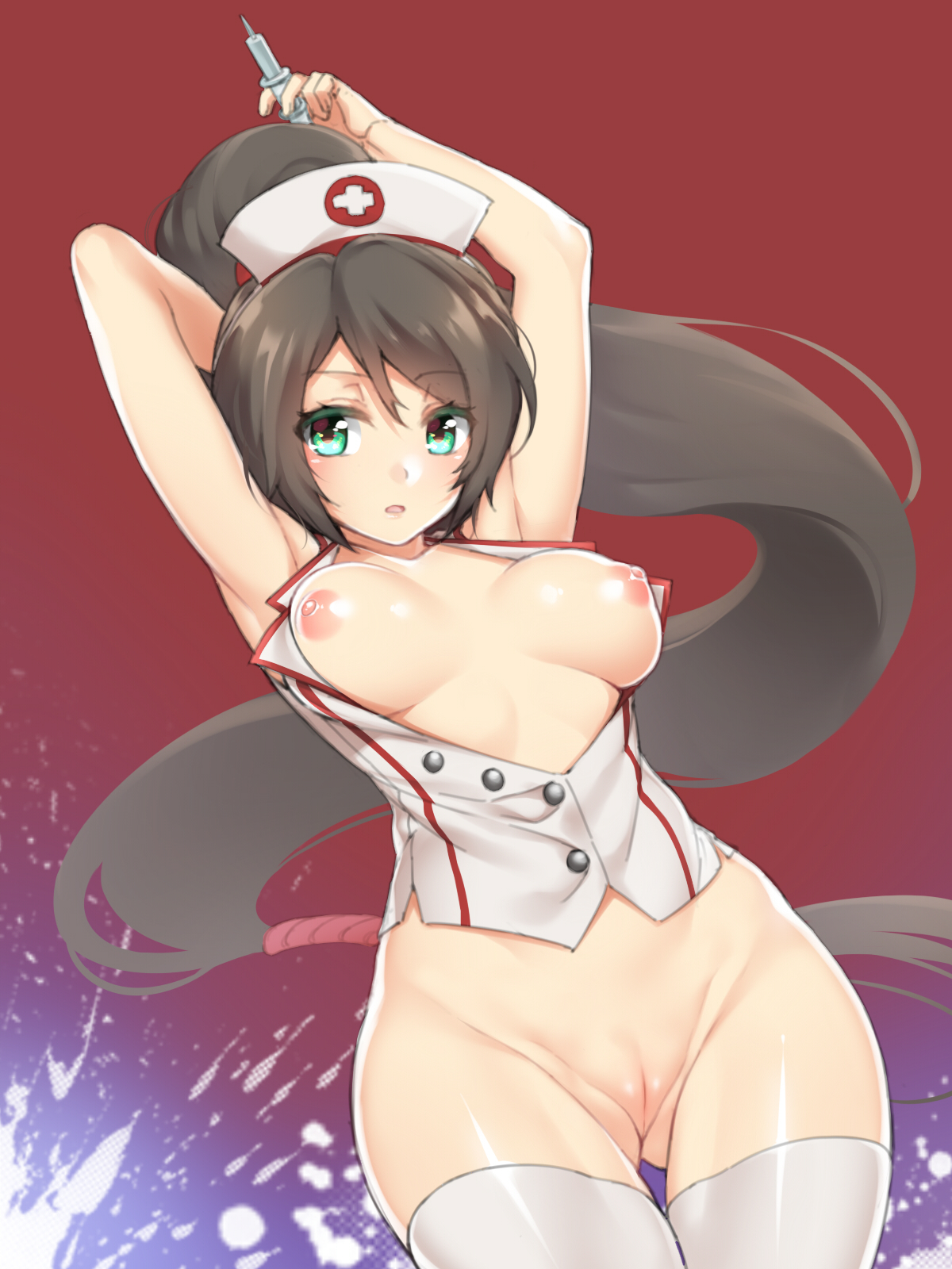 akali jhomen tethi, aqua eyes, breasts, brown hair, female, fuya (tempupupu), innie pussy, large breasts, league of legends, long hair, nipples, nurse, nurse akali, nurse cap, ponytail, pussy, solo, standing, syringe, thigh gap, thighhighs, tied hair, uncensored