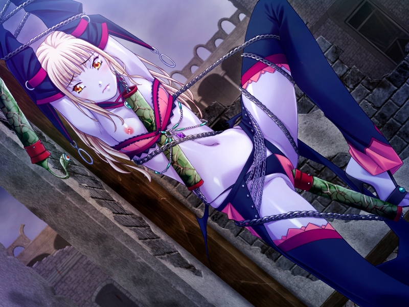 arms_up black_legwear blonde_hair bondage bra breasts bubuzuke chains closed_mouth collarbone efa_jizerurinde female game_cg hekigan_no_soukishi_ferrill_to_ririka jewelry long_hair midriff navel nipples orange_eyes panties purple_skin small_breasts solo