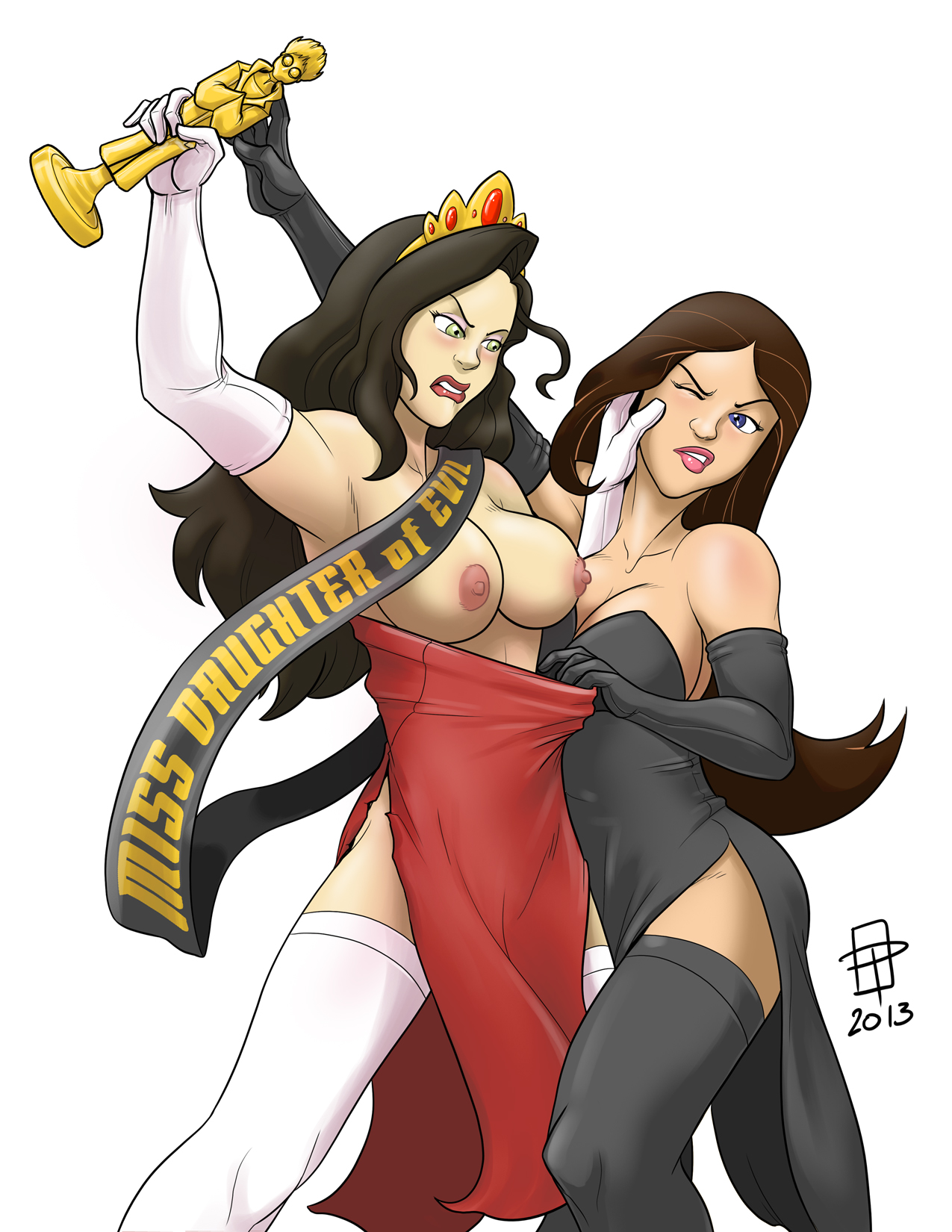 2013, 2girls, armpit, asami sato, assisted exposure, avatar the last airbender, award, blue eyes, breasts, brown hair, callmepo, catfight, cleavage, clothing, color, colored, crossover, crown, disney, disney channel, disney xd, dress, elbow gloves, female, female only, fight, fightning, gloves, green eyes, human, large breasts, lipstick, long hair, makeup, multiple females, multiple girls, nickelodeon, nipples, phineas and ferb, sash, smooth skin, stockings, the legend of korra, thighhighs, vanessa doofenshmirtz, white background, white female
