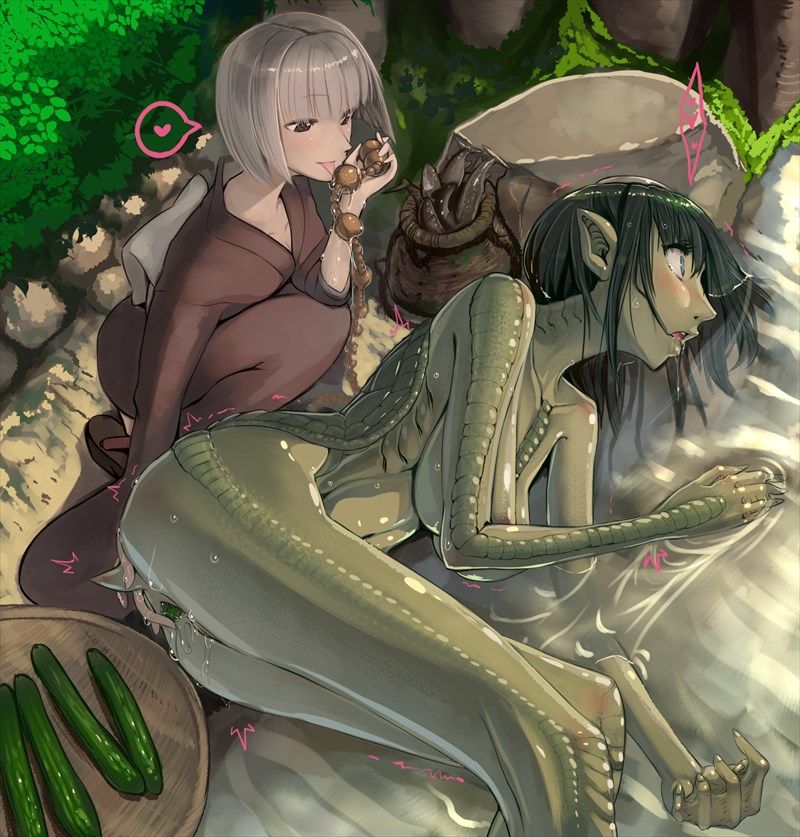 2girls anal_beads areola bangs basket breasts brown_eyes clothing cucumber deep_penetration excessive_pussy_juice female fish green_eyes green_skin grey_hair huge_breasts interspecies jajala japanese_clothes kappa kimono licking monster_girl multiple_girls no_ass object_insertion on_side original pale_skin penetration pointy_ears pussy_juice sagging_breasts shell short_tail size_difference squatting surprised sweat tail trembling vaginal_insertion vaginal_penetration water wide_eyed yuri