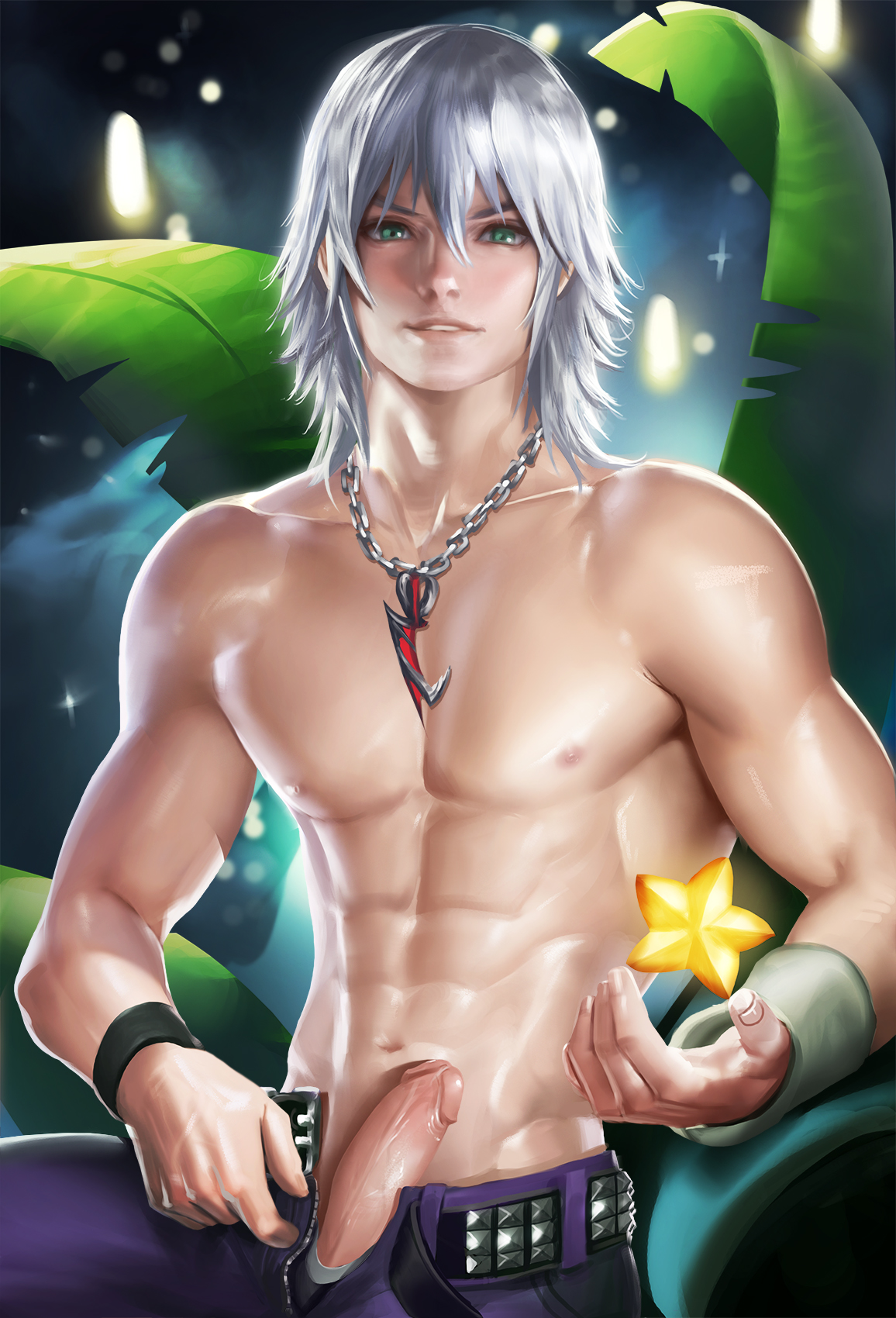 abs, aqua eyes, casual, erection, human, jewelry, kingdom hearts, male, male only, navel, neckwear, pendant, penis, riku, sakimichan, silver hair, solo, upper body, watermark