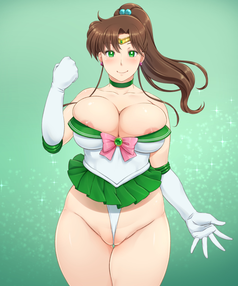 areola slip, areolae, bare shoulders, between labia, bishoujo senshi sailor moon, blush, breasts, brown hair, cameltoe, circlet, cleavage, clothing, earrings, elbow gloves, female, gloves, gradient background, green background, green eyes, hair ornament, huge breasts, innie pussy, jewelry, large breasts, long hair, looking at viewer, makoto kino, mound of venus, nipple slip, nipples, panties, partially visible vulva, plump, ponytail, pussy, revealing clothes, sailor jupiter, shikuta maru, skirt, smile, solo, standing, thick thighs, thighs, tied hair, undersized clothes, underwear, wedgie, white gloves, white panties