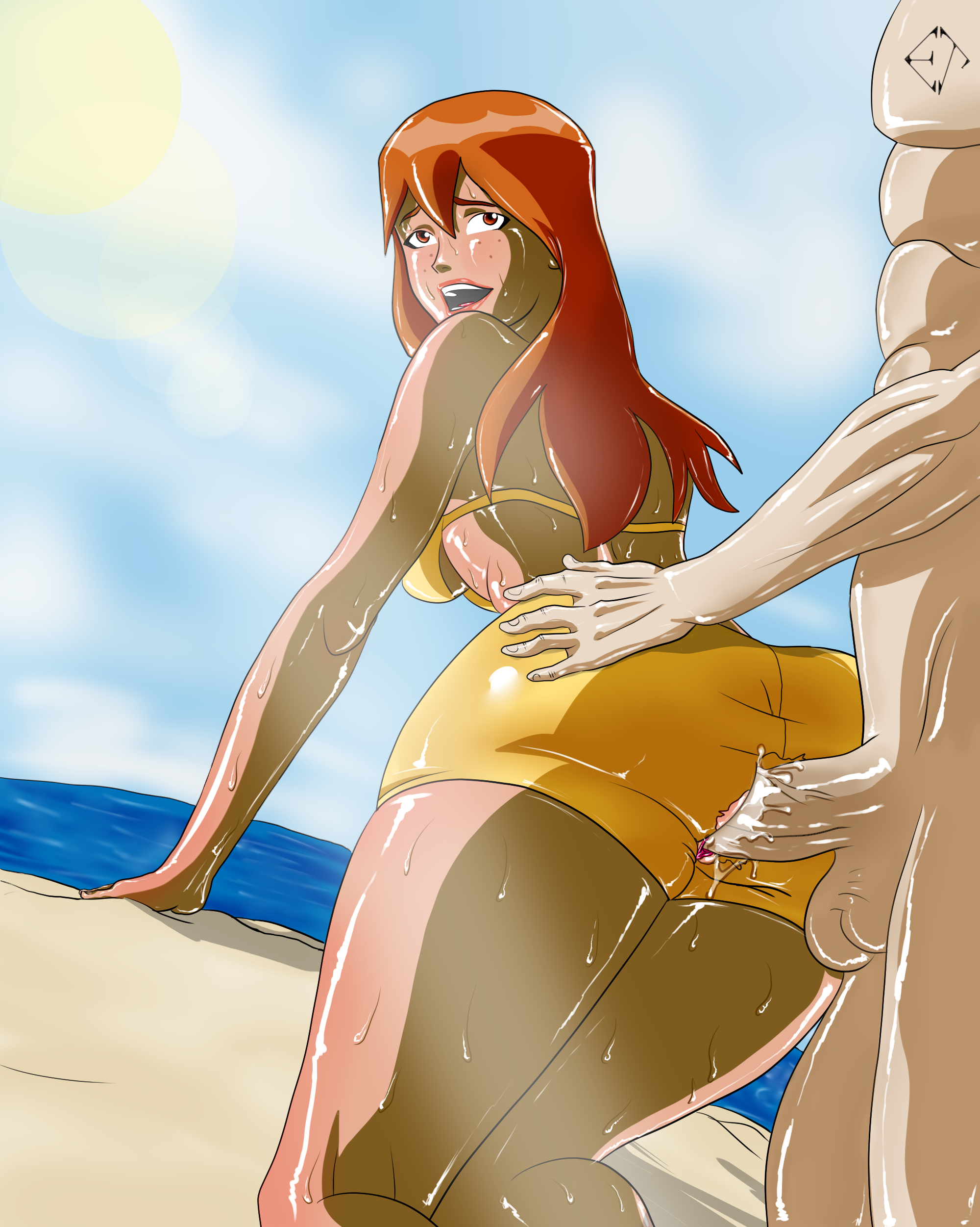 1boy, 1girls, beach, bikini, cum, dc, dc comics, doggy style, ed-jim, female, from behind, interspecies, long hair, m'gann m'orzz, male, martian, miss martian, open mouth, orange hair, penis, red eyes, teeth, tongue, torn clothes, young justice