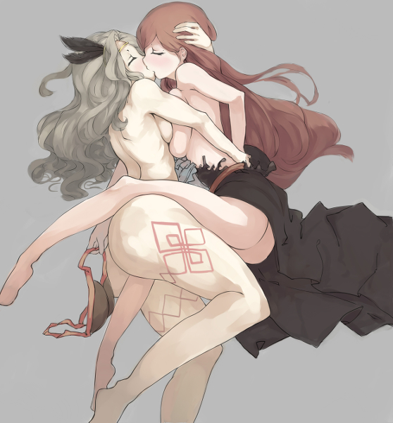 2girls, amazon (dragon's crown), arched back, arm behind back, arms, art, ass, back, bare back, bare legs, bare shoulders, barefoot, between legs, black dress, blush, bra, bra removed, breast press, breasts, brown hair, closed eyes, dragon's crown, dress, feet, female, frottage, grey hair, hair ornament, hand on head, head grab, holding, hug, hummingbird (artist), kissing, large breasts, leg between thighs, legs, long hair, love, multiple females, multiple girls, nude, partially clothed, sideboob, sorceress (dragon's crown), symmetrical docking, tattoo, undressing, very long hair, yuri