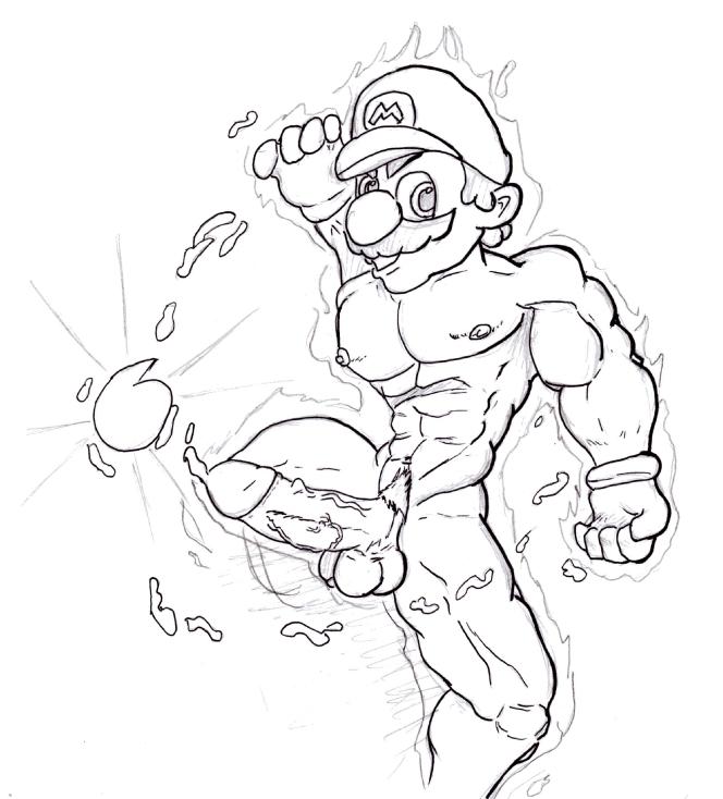 1boy abs balls black_and_white cap cumming cumshot erect_nipples erection gloves k3rry large_penis looking_at_viewer male_only mario mario_(series) motion_lines multi_balls multi_genitalia muscles mustache nintendo nude pecs penis spread_legs straight_hair veiny_penis