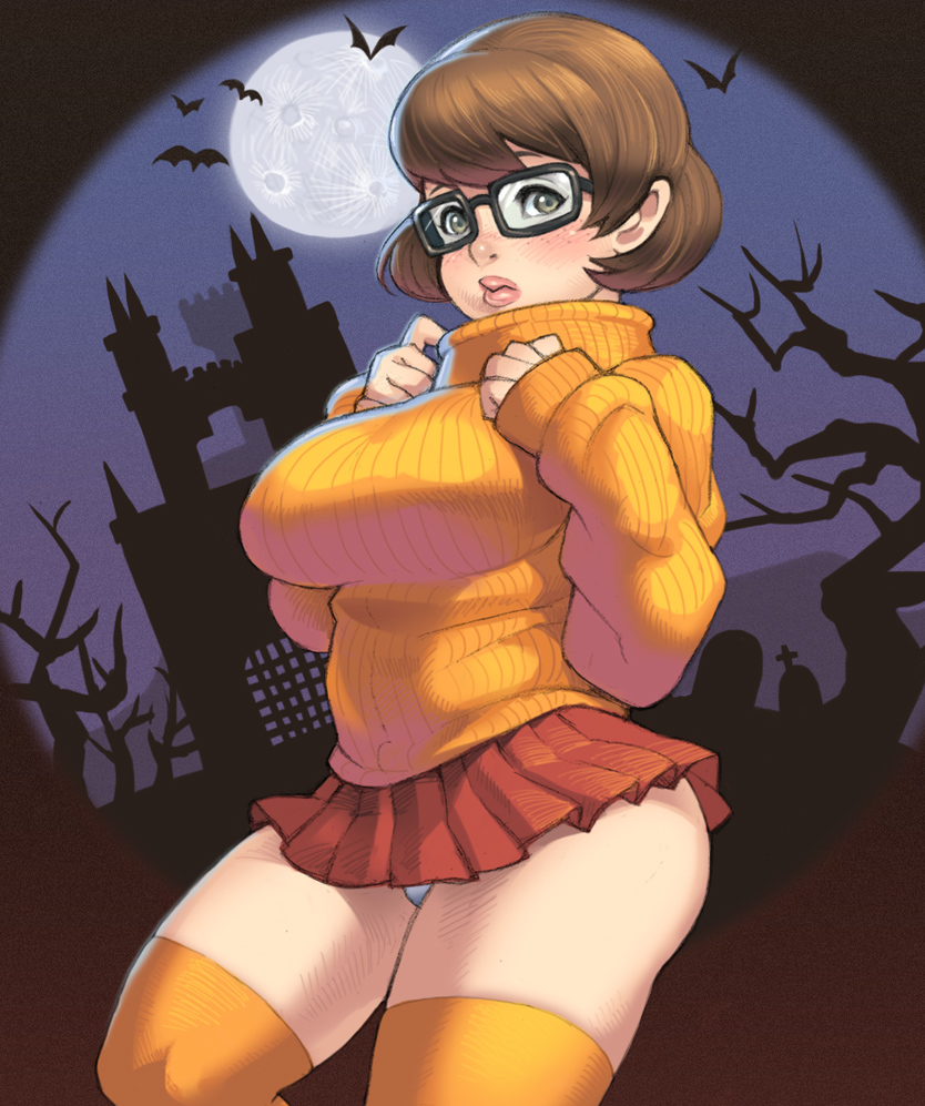 1girls, breasts, brown hair, brush, curvy, female, female only, freckles, glasses, hair, hanna-barbera, large breasts, maou alba, panties, scooby-doo, short hair, skirt, solo, sweater, thighhighs, turtleneck, velma dinkley