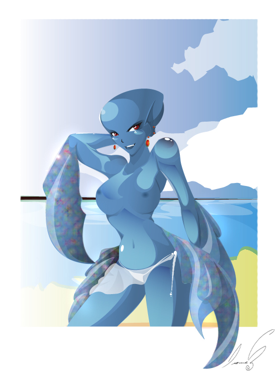 1girls areolae arms_behind_head artist_request beach bikini bikini_bottom blue_nipples blue_skin breasts earrings female female_zora large_breasts lulu_(the_legend_of_zelda) majora's_mask nintendo nipples ocean red_eyes smooth_skin the_legend_of_zelda topless wide_hips zora