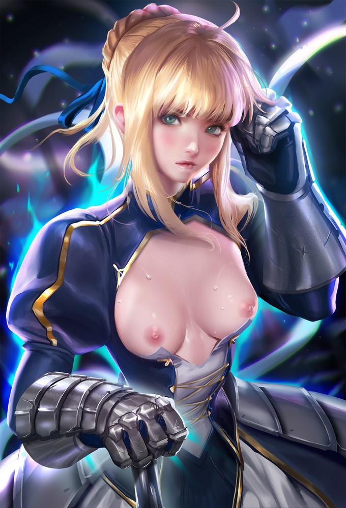 1girls, ahoge, areolae, armor, artoria pendragon, blonde hair, breasts, cleavage cutout, dress, fate (series), fate/stay night, female, gauntlets, green eyes, hair bun, lips, looking at viewer, medium breasts, nipples, nude, saber, sakimichan, short hair, solo, sword, weapon