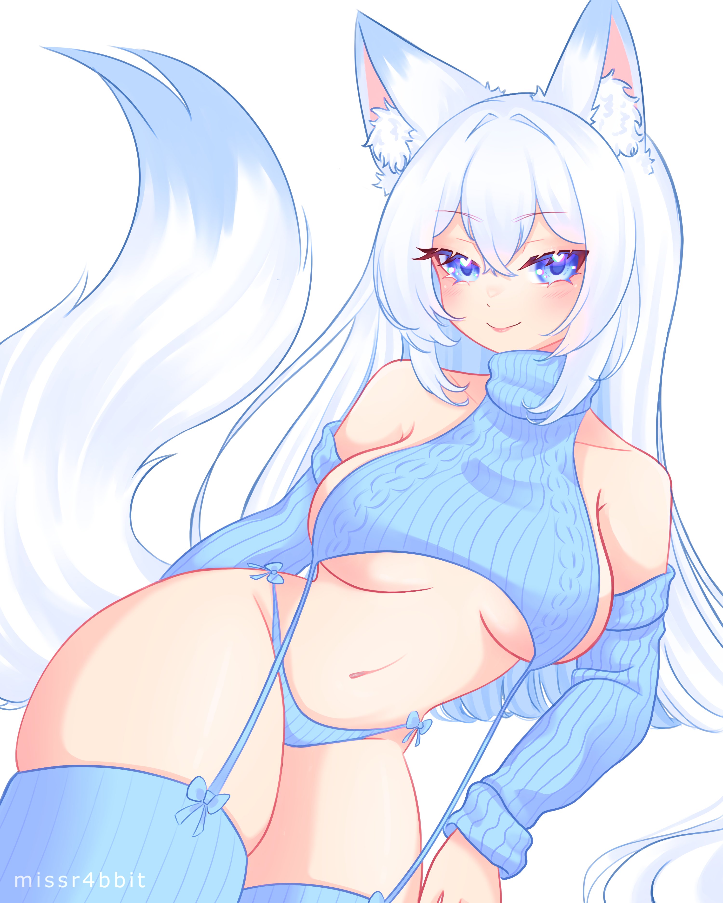 1girls, animal ears, bare shoulders, belly button, blue eyes, breasts, detached sleeves, eyebrows visible through hair, female, female only, fox ears, fox girl, fox tail, huge breasts, light skin, light-skinned female, missr4bbit, solo, tail, v mythz, virgin destroyer sweater, virtual youtuber, white hair, yukime (vtuber)