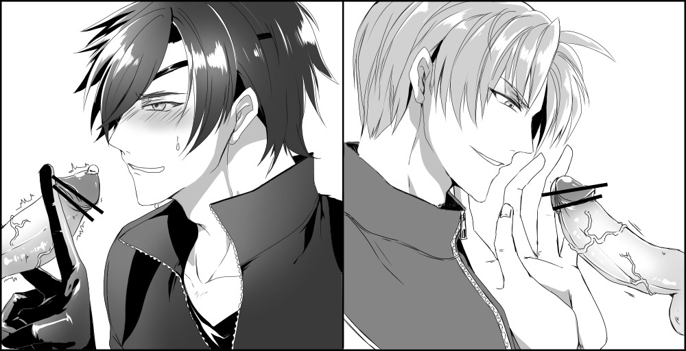 2boys fellatio gay heshikiri_hasebe male male_only monochrome multiple_boys multiple_males oral penis pov shokudaikiri_mitsutada touken_ranbu yaoi