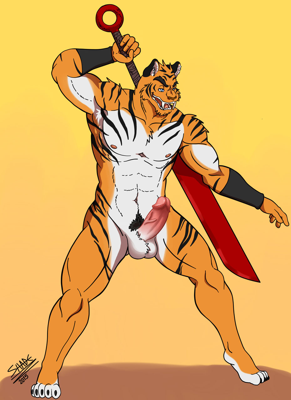 1boy 2015 abs anthro balls blue_eyes chest_tuft claws fangs feline full-length_portrait full_length fur furry male male_only mammal manly muscular nude pecs penis portrait pubic_hair sabertooth shade_the_wolf solo standing stripes sword tiger tuft warrior weapon white_fur