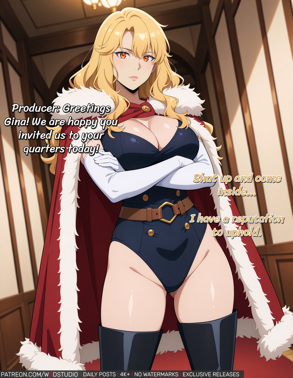 ai generated, ai-created, bangs, belt, black cape, black legwear, black thighhighs, blonde hair, blush, boots, breasts, cape, capelet, cleavage, cloak, closed mouth, clothing, crossed arms, elbow gloves, english language, english text, female, female only, footwear, fur trim, fur-trimmed cape, gina (solo leveling), gloves, high resolution, highleg, highleg leotard, indoors, large breasts, legwear, leotard, long hair, looking at viewer, orange eyes, red cape, solo, solo leveling, standing, text, thigh boots, thighhighs, thighs, white gloves, wodstudio