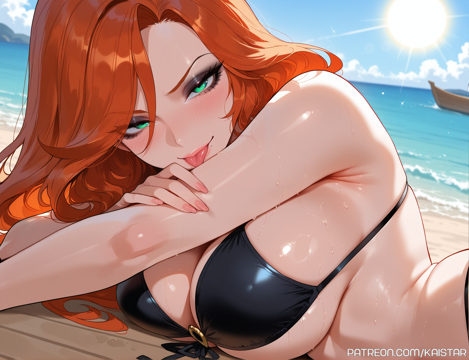 1girls, ai generated, big breasts, bikini, bikini top, blush, breasts, female, female only, green eyes, half-closed eyes, huge boobs, huge breasts, kaistar, large boobs, large breasts, league of legends, light skin, light-skinned female, long hair, looking at viewer, lying, miss fortune, narrowed eyes, on side, orange hair, patreon, pirate, red hair, sexy, sexy pose, smile, smiling, smiling at viewer, solo, sweat, sweatdrop, sweating, sweaty, sweaty body, tongue, tongue out, underwear, voluptuous, wet, white body