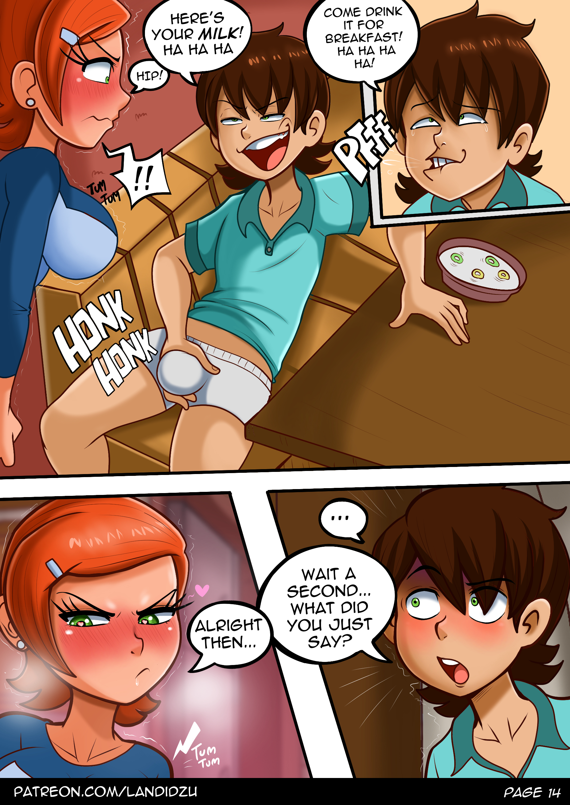 1boy, 1girls, ben 10, ben 10 (classic), ben tennyson, ben tennyson (classic), big breasts, comic, comic page, curvy, english text, female, gwen tennyson, gwen tennyson (classic), landidzu, large breasts, male, orange hair, short hair, speech bubble, tagme, text