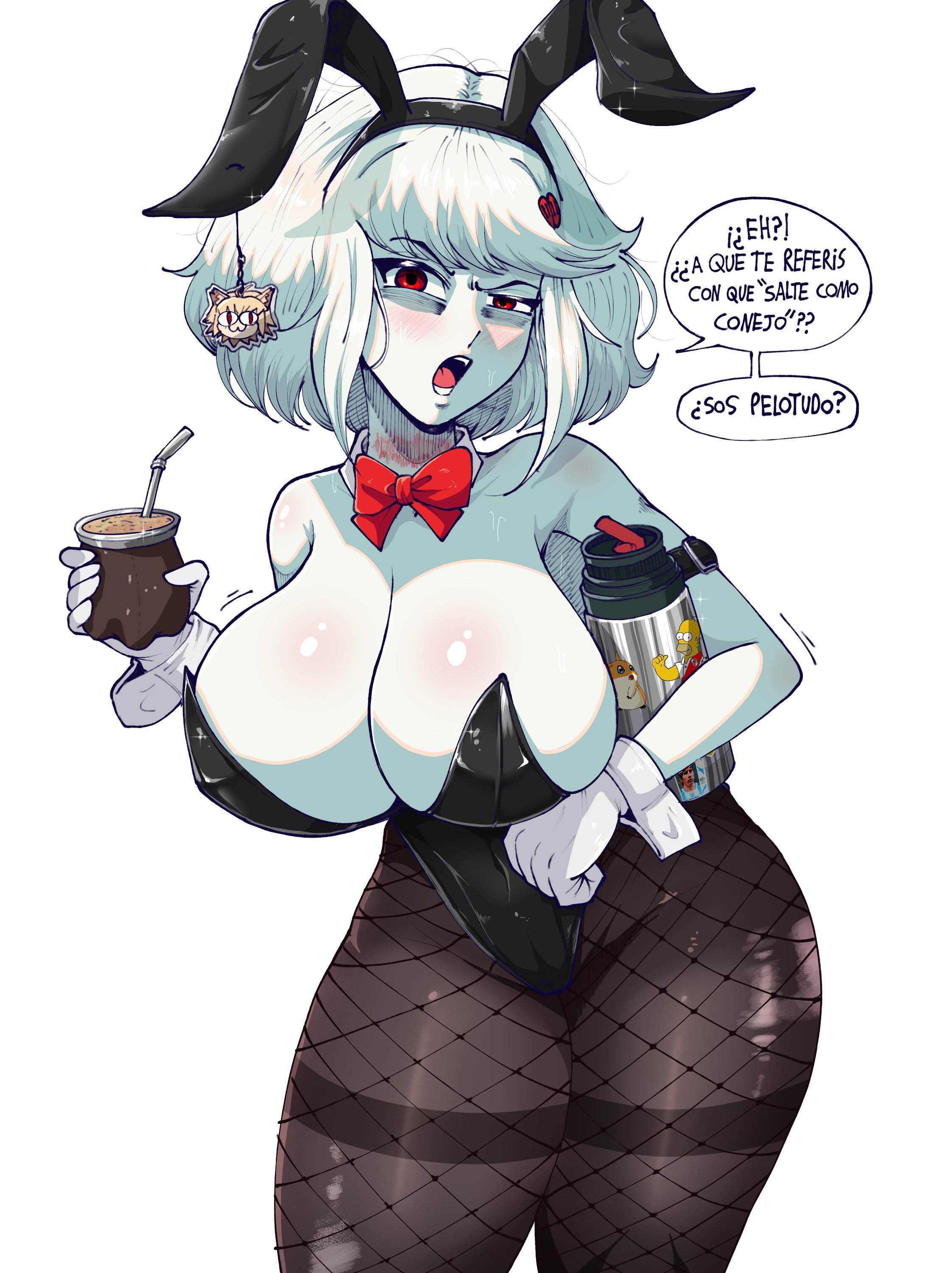 albina (tidal), ass, big ass, big breasts, big butt, breasts, bunnysuit, child bearing hips, curvy body, curvy female, dialogue, female, latina, light skin, light-skinned female, red eyes, short hair, spanish dialogue, spanish text, text, text bubble, tidal (artist), translation check, voluptuous female, white-haired female
