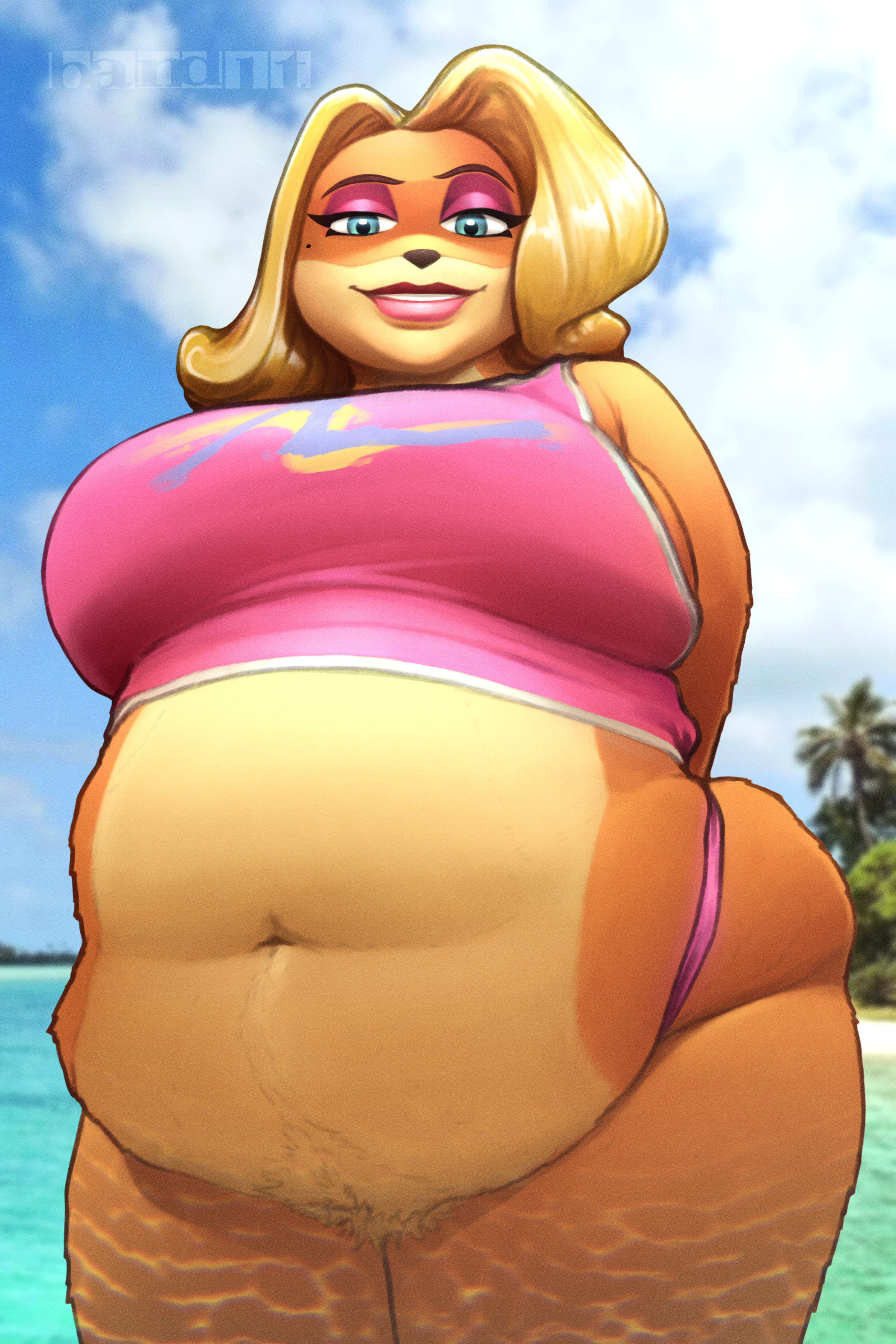 absurd res, activision, anthro, band1tnsfw, bandicoot, beach, belly, belly overhang, big belly, big breasts, blonde hair, blue eyes, breasts, brown nose, clothing, crash (series), day, eyeshadow, fat, female, female anthro, fur, hair, hi res, huge breasts, lips, lipstick, long hair, looking at viewer, makeup, mammal, markings, marsupial, mole (marking), orange body, orange fur, outside, overweight, overweight anthro, overweight female, pink clothing, pink eyeshadow, pink lips, pink lipstick, pink shirt, pink topwear, shirt, solo, tawna bandicoot, thick thighs, tight clothing, tight topwear, topwear, water, wide hipped anthro, wide hipped female, wide hips