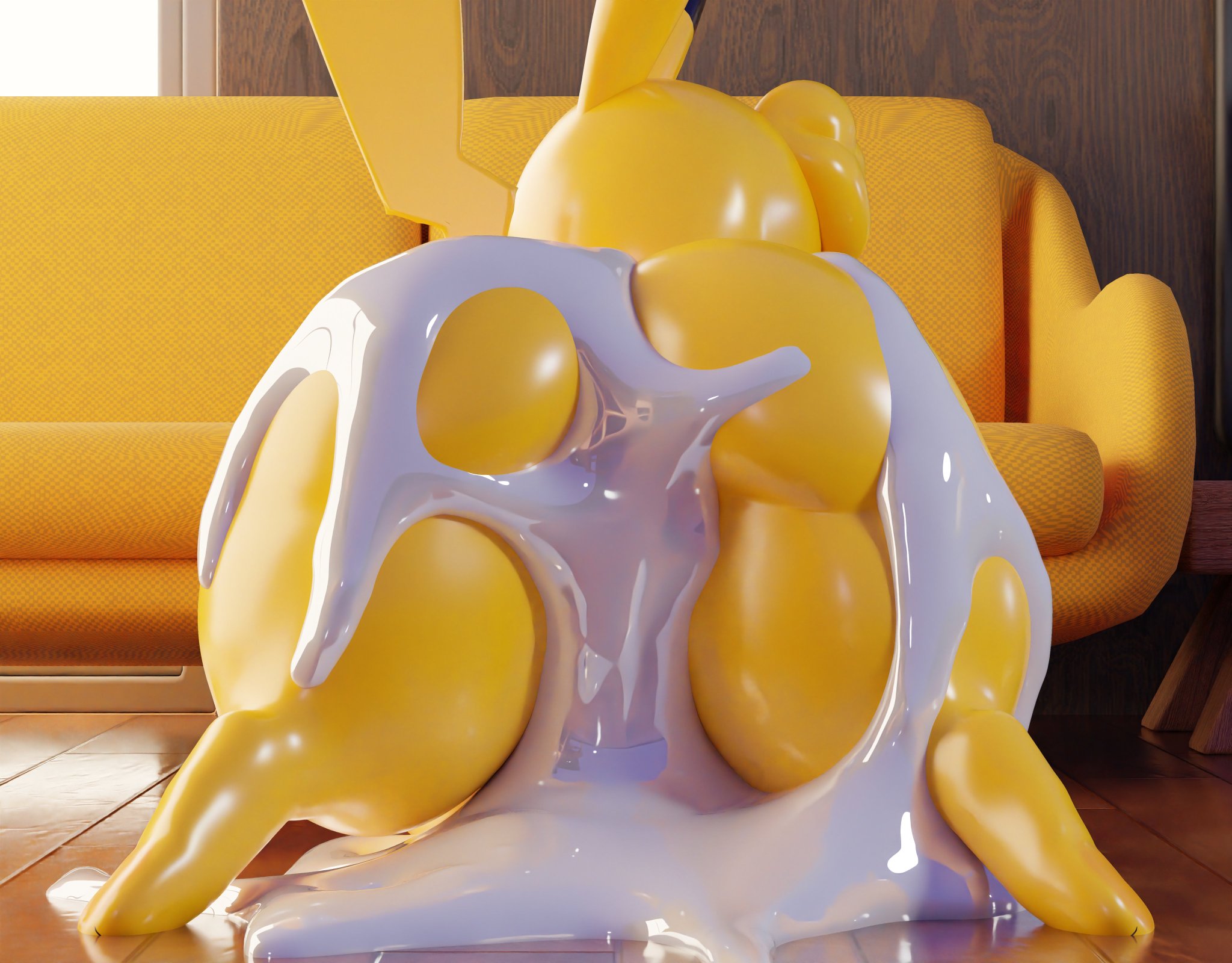 1girls, 3d, couch, cum, female, geometryboymejia, kanna (joaoppereiraus), koreyvee, lots of cum, pikachu, pokemon, pokemon (species), showing ass