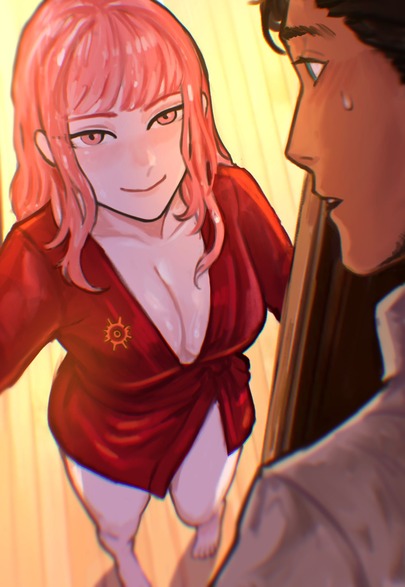 1boy, 1girls, 2025, barefoot, bedroom eyes, big breasts, breasts, brown hair, claude von riegan, cleavage, female, fire emblem, fire emblem: three houses, green eyes, height difference, highres, hilda valentine goneril, large breasts, long hair, male, open mouth, partially clothed, pink eyes, pink hair, robe, robe only, seductive, seductive look, sethkiel, sideburns, smirk, smirking, surprised, surprised expression, sweat, sweatdrop