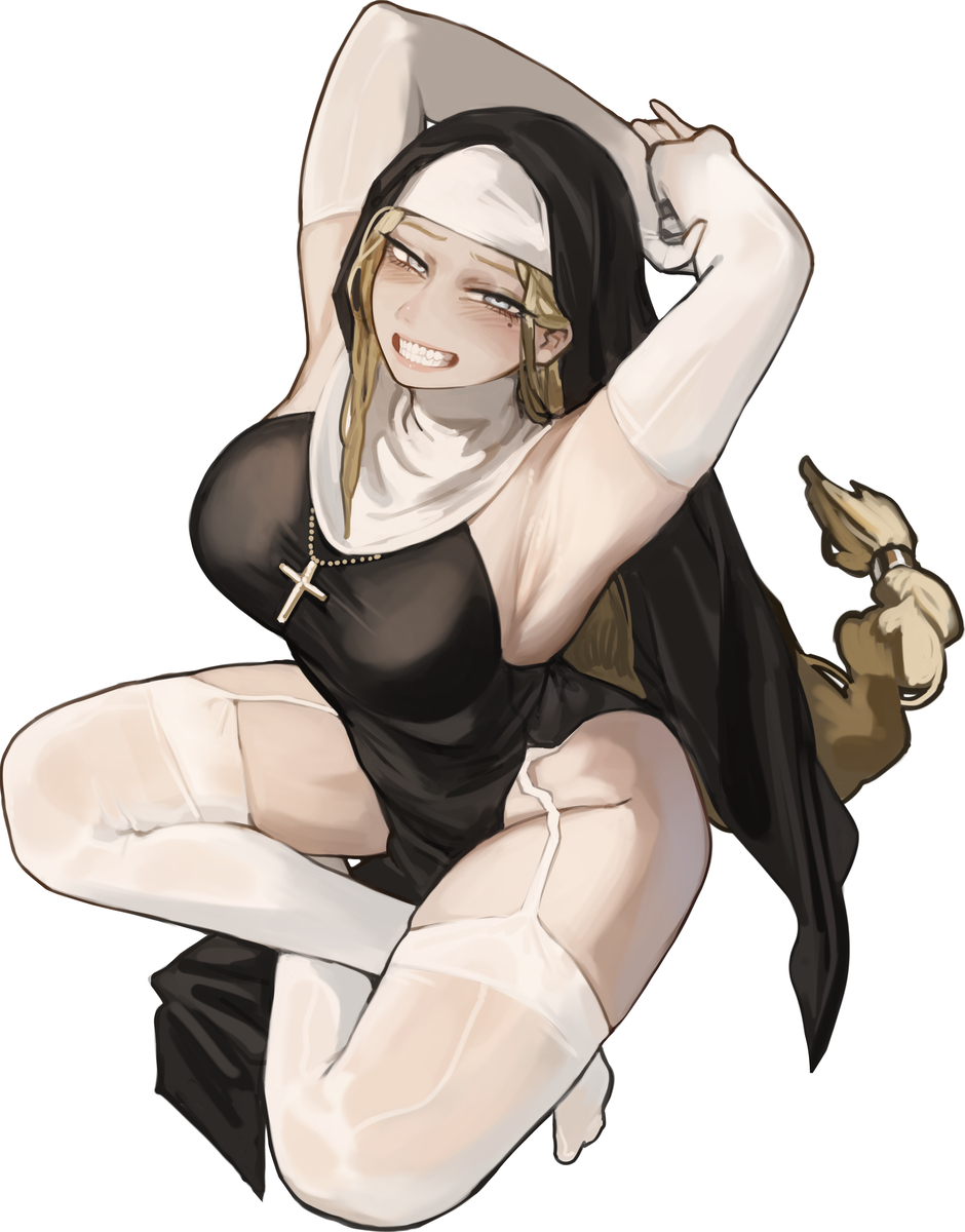 1girls, armpits, blonde hair, blue eyes, blush, blushing at viewer, breasts, female, female only, hips, huge breasts, light skin, light-skinned female, miaojiangyou, nun, nun outfit, original, original character, smile, smiling, smiling at viewer, thick thighs, thighs, voluptuous, voluptuous female