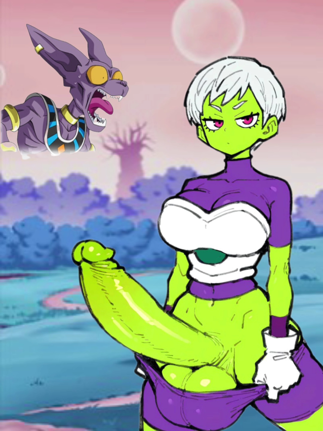 artist request, balls, beerus, big penis, cheelai, dragon ball, dragon ball super, edit, futanari, green skin, huge balls, huge cock, intersex, penis, shocked