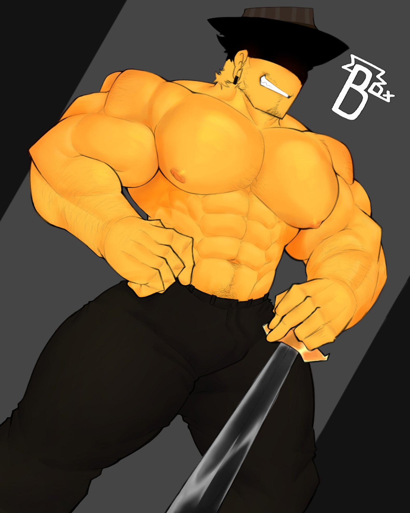 1boy, abs, artist logo, artist signature, aura, bara, big muscles, big pecs, black background, black clothing, black fedora, black pants, body hair, brat, closed mouth, creative box111, ear piercing, fangs, forsaken (roblox), gay, gay domination, goatee, grin, grinning, hat, hidden eyes, mafioso (forsaken), male, menacing, muscles, muscular, muscular chest, muscular male, nipples, roblox, roblox game, robloxian, shadowed eyes, sharp teeth, shirtless, shirtless (male), shirtless male, simple background, sword, weapon, yaoi, yellow body, yellow hair