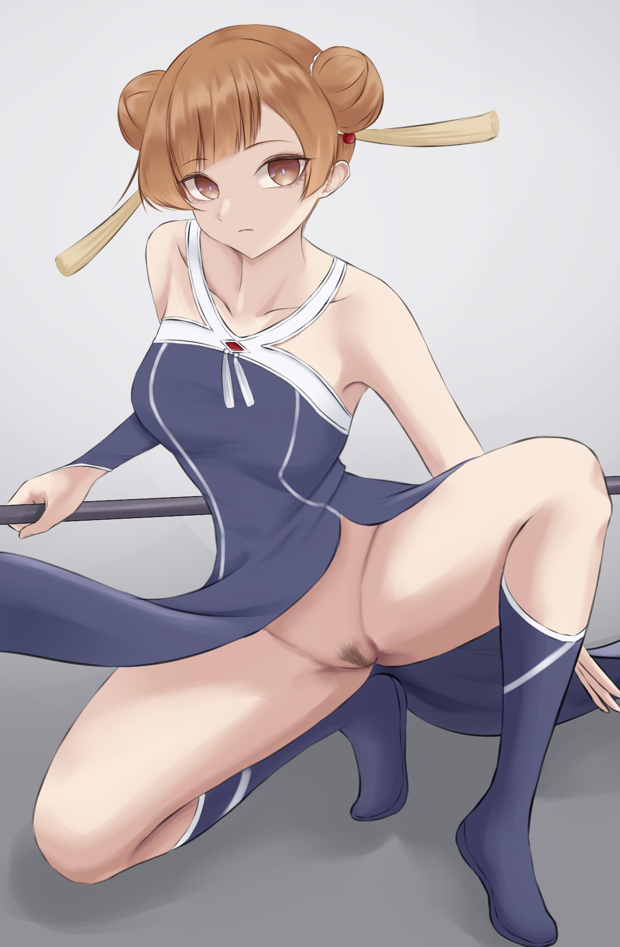 1girls, blonde hair, blue dress, blue socks, boots, breasts, chinese clothes, closed mouth, collarbone, double bun, dress, eyebrows, eyelashes, female, female focus, female only, gradient background, grey background, hair between eyes, hair bun, head tilt, highres, holding, horse girl, kdkaikai, laufen (sousou no frieren), looking at viewer, medium breasts, pussy, short hair, simple background, solo, sousou no frieren, spread legs, tagme, thighs, white background, white dress, yellow eyes