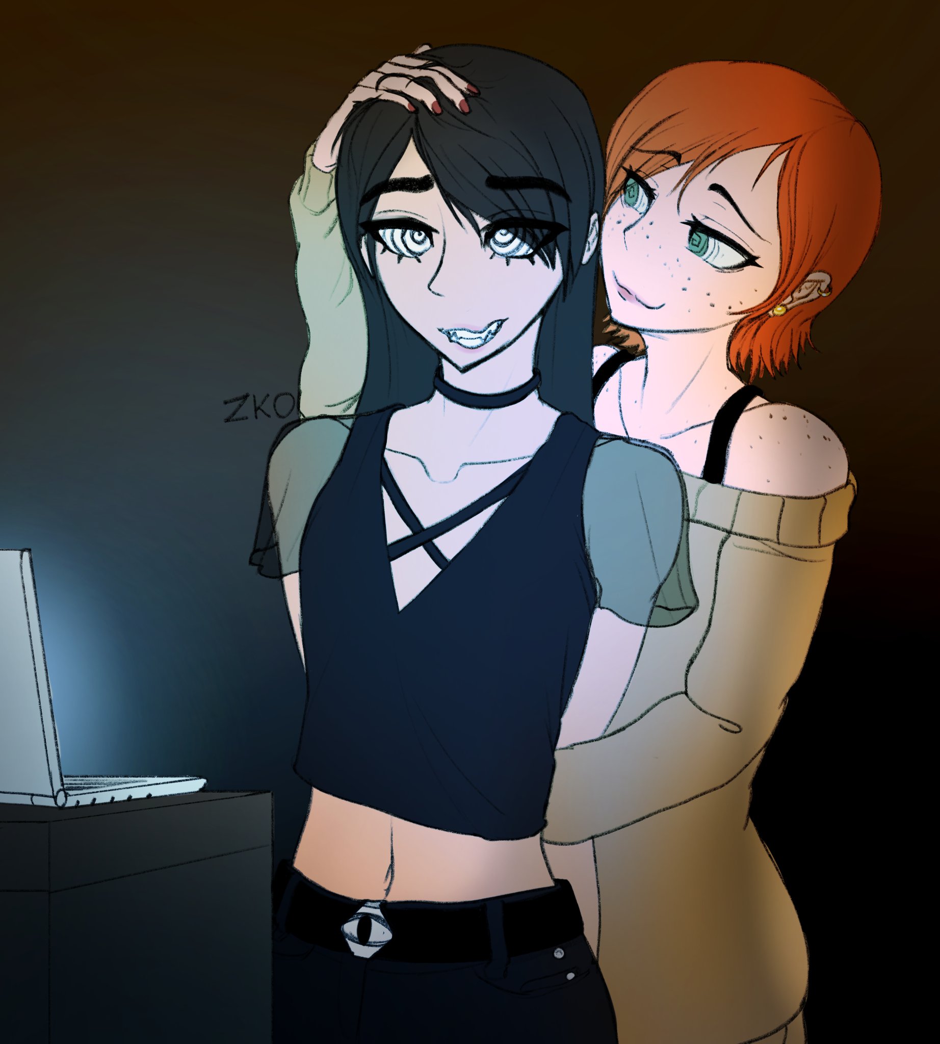 2d, 2girls, assisted hypnosis, black hair, black hair female, chelsea (zko), choker, computer, earrings, female, female only, femsub, freckles, goth, green eyes, happy trance, hayley (zko), hi res, highres, hypnosis, hypnotic eyes, hypnotic screen, hypnotized assistant, jewelry, laptop, light skin, light-skinned female, long hair, long hair female, mind control, multiple females, multiple girls, multiple subs, orange hair, orange hair female, original, red hair, short hair, short hair female, smile, spiral eyes, sweater, symbol in eyes, tech control, zko