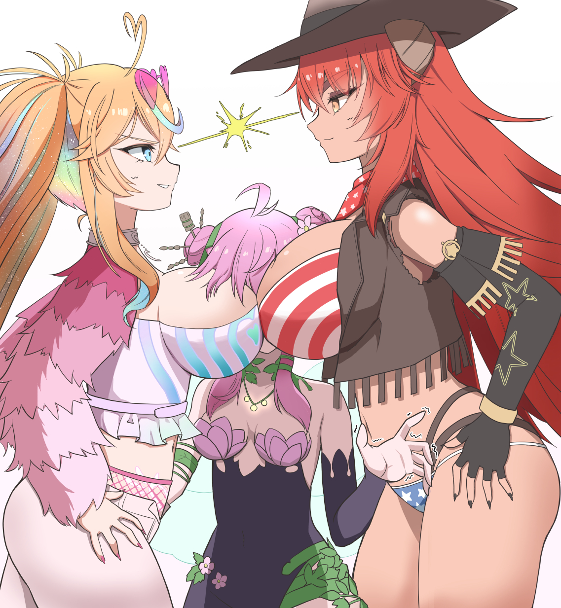 3girls, arielle (vtuber), between breasts, black glove, blonde hair, blue eye, breasts, cleavage, confrontation, cowboy hat, crossover, female, female only, fingerless glove, froggyloch, funny, glove, hat, heart-shaped eyewear, horn, huge breasts, indie virtual youtuber, kinuge mouse, light skin, light-skinned female, looking at another, medium breasts, orange eye, red hair, side view, simple background, suffocating, sunglasses, sunglasses on head, tan skin, tan-skinned female, virtual youtuber, vshojo, white background, zentreya, zentreya (cowboy bikini)