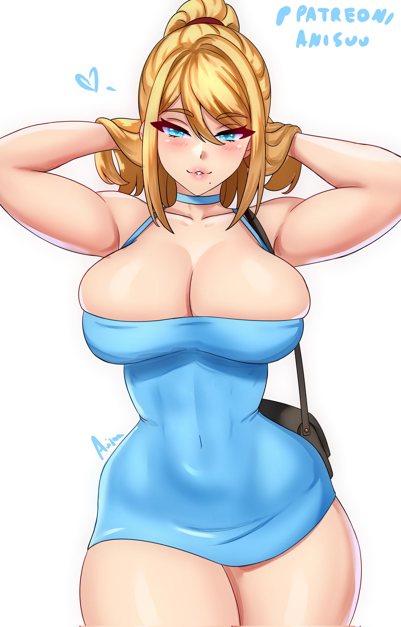 1girls, anisdrawn, bimbo, breasts, cleavage, dress, female, female focus, female only, hi res, large breasts, light skin, light-skinned female, looking at viewer, metroid, ponytail, samus aran, short dress, solo, thick thighs, thighs, tight dress, white background, wide hips