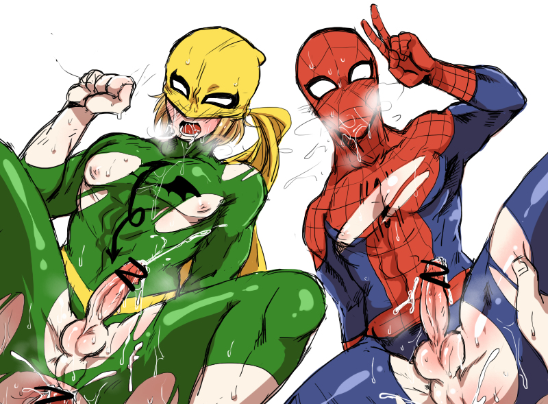 4boys anal anal_penetration anal_sex cum cumshot danny_rand gay iron_fist male male_only marvel masked multiple_boys peace_sign penis peter_parker smooth_skin spider-man spider-man_(series) superhero torn_clothes yaoi