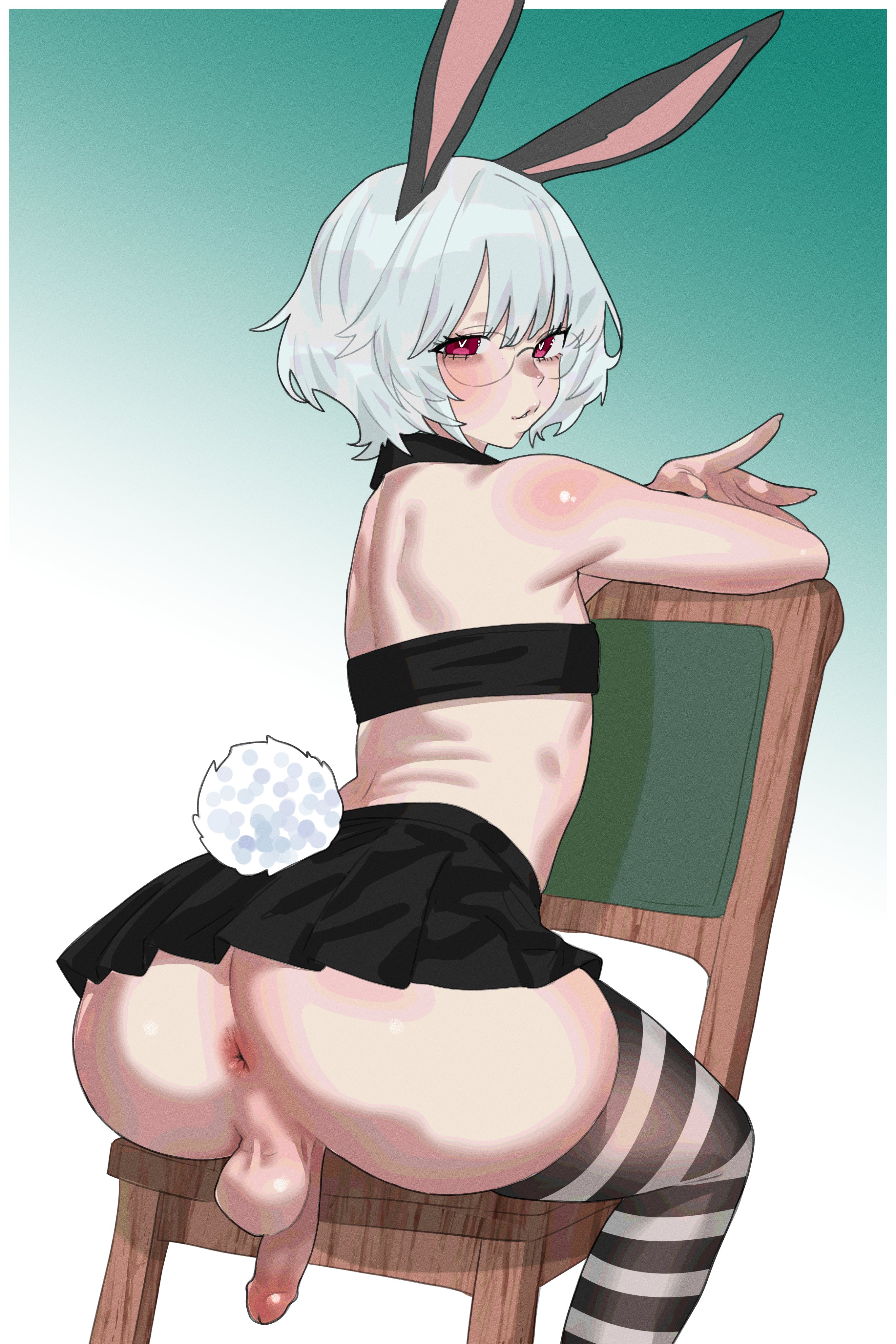 1boy, absurd res, anus, balls, bunny ears, bunny tail, chair, cocktail, femboy, glasses, heart-shaped pupils, hi res, kanoji (ni kanojo), light skin, light-skinned male, looking at viewer, male, male only, original, penis, red eyes, skirt, testicles, thick thighs, thighhighs, thighs, white hair