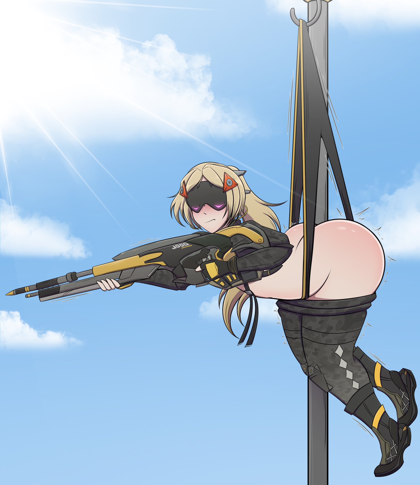 1girls, 2025, ass, big ass, black panties, blonde hair, boots, female, fingerless gloves, gloves, gun, hanging wedgie, hook, hoyoverse, lolo mp3, military uniform, outdoors, panties, pants, pants down, panty pull, ponytail, sniper, tagme, thick thighs, thighs, trigger (zenless zone zero), weapon, wedgie, zenless zone zero