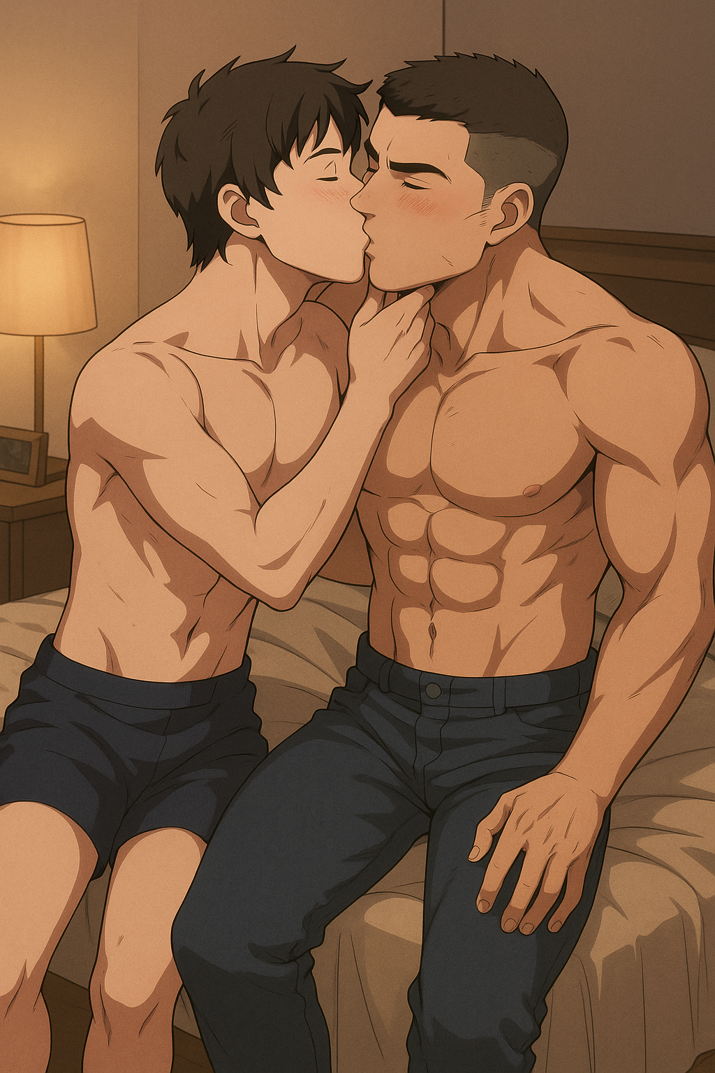 2boys 2guys 2males 2men ai ai_assisted ai_generated anon anonymous_male bara bed bedroom black_hair brown_hair david_king david_king_(dead_by_daylight) dead_by_daylight gay himbo kissing making_out male male/male male_kissing_male male_only muscular muscular_male muscular_pecs pecs shirtless shirtless_male smaller_male twink twunk yaoi