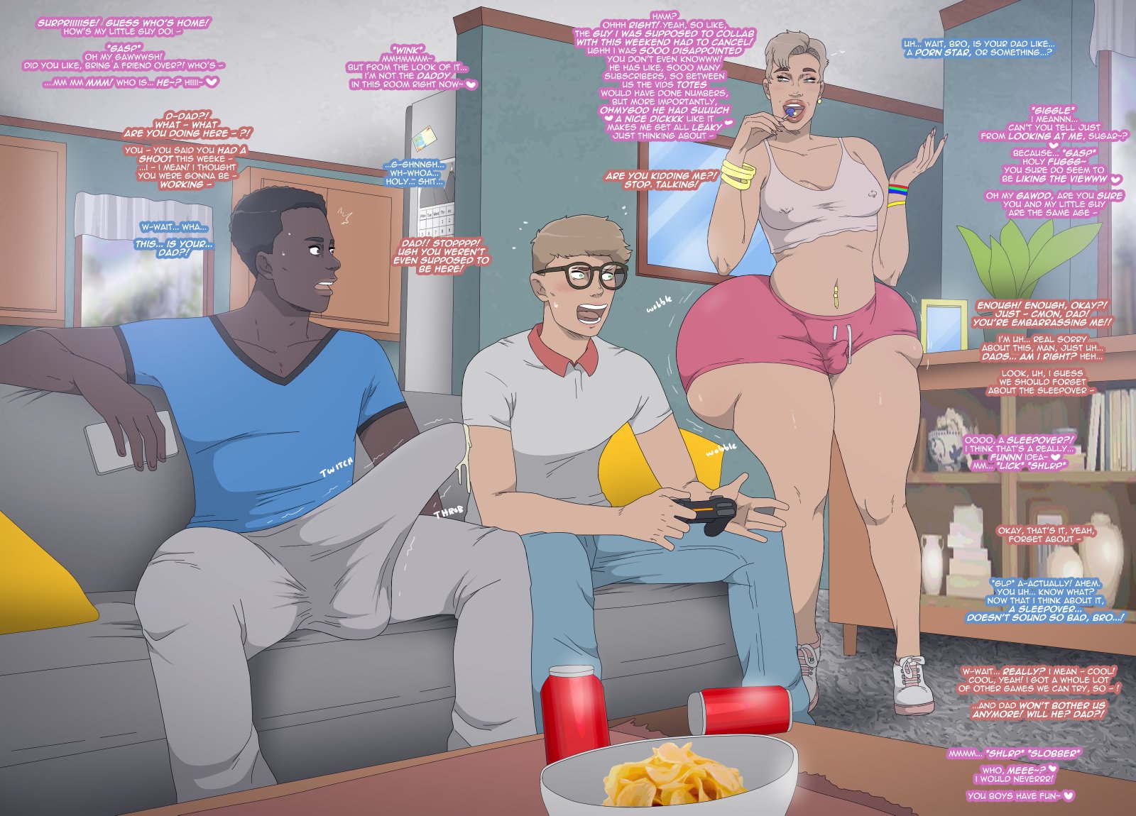 3boys, ambush (trap), ass, ass bigger than head, big ass, big butt, big penis, bimbo, blush, breasts, brown skin, bulge, contingency, dark skin, dark-skinned male, embrassed, erection, femboy, femboy dilf, hips, light skin, light-skinned male, male, male only, male with breasts, massive ass, massive butt, massive penis, navel piercing, nipple bulge, nipples, pale skin, pale-skinned male, penis, piercing, precum, precum through clothing, short hair, skintight, small penis, thick thighs, thighs, tiny penis, trap, wide hips