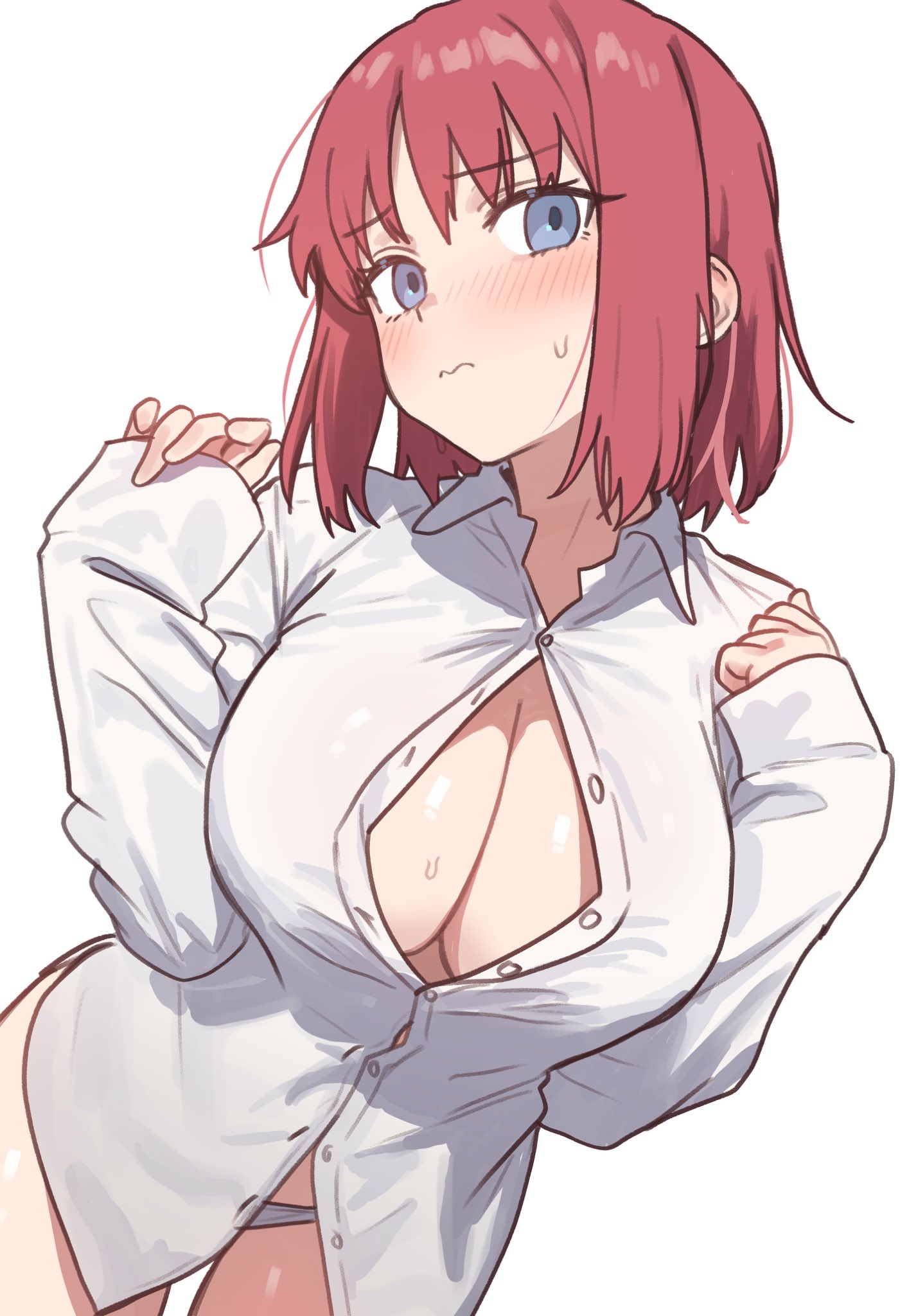 1girls, blue eyes, blush, blushing, breasts, button down shirt, button gap, button up shirt, buttons, cleavage, collared shirt, ebora, embarrassed, female, female only, highres, hisui (tsukihime), large breasts, long sleeves, looking at viewer, panties, red hair, shirt, short hair, shy, solo, solo female, tsukihime, underwear, white panties, white shirt, youngmanisdown