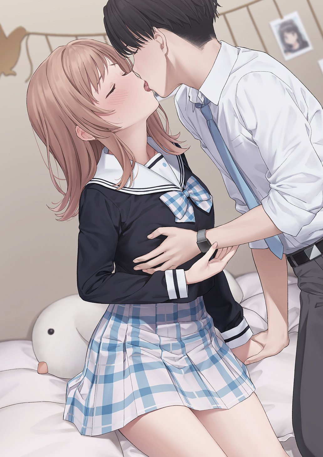 1boy, blue necktie, blush, bow, breasts, brown hair, closed eyes, collared shirt, couple, female, french kiss, grabbing another's breast, groping, hand on another's hand, head back, highres, idolmaster, idolmaster shiny colors, kissing, long sleeves, male, medium breasts, medium hair, mikazuchi zeus, necktie, on bed, plaid bow, plaid clothes, plaid skirt, producer (idolmaster), sailor collar, sakuragi mano, shirt, sitting, skirt, straight, swept bangs, white sailor collar, white shirt