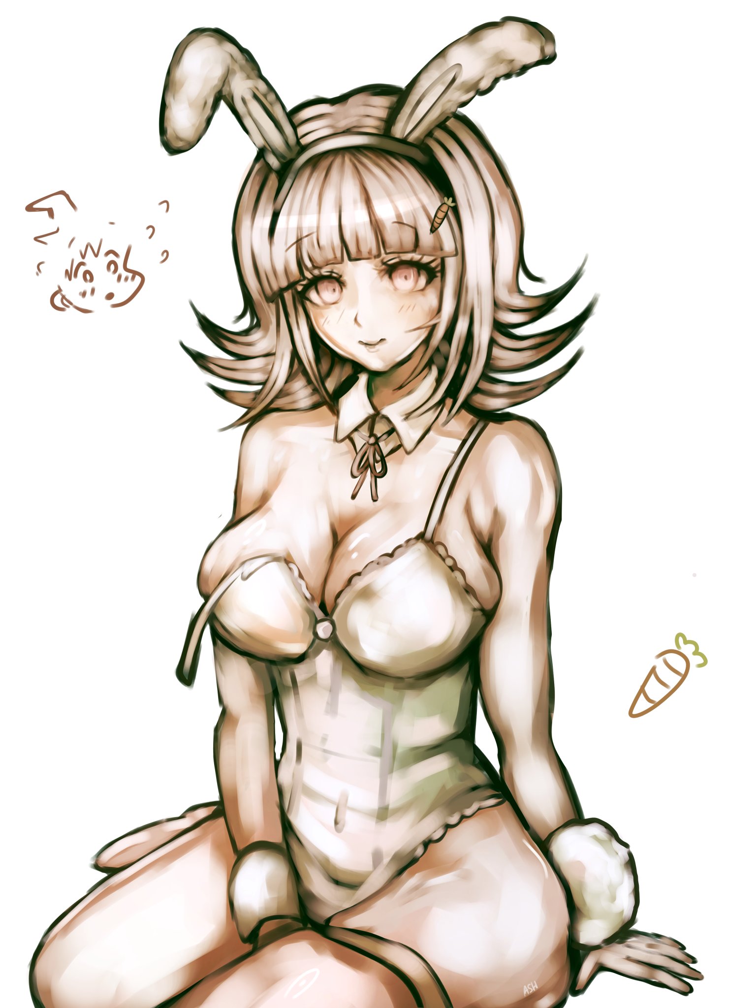 accurate art style, anime style, blonde hair, breasts, bunny ears, bunny girl, bunnysuit, danganronpa, danganronpa 2: goodbye despair, danganronpa chiaki, female, hinata hajime, nanami chiaki