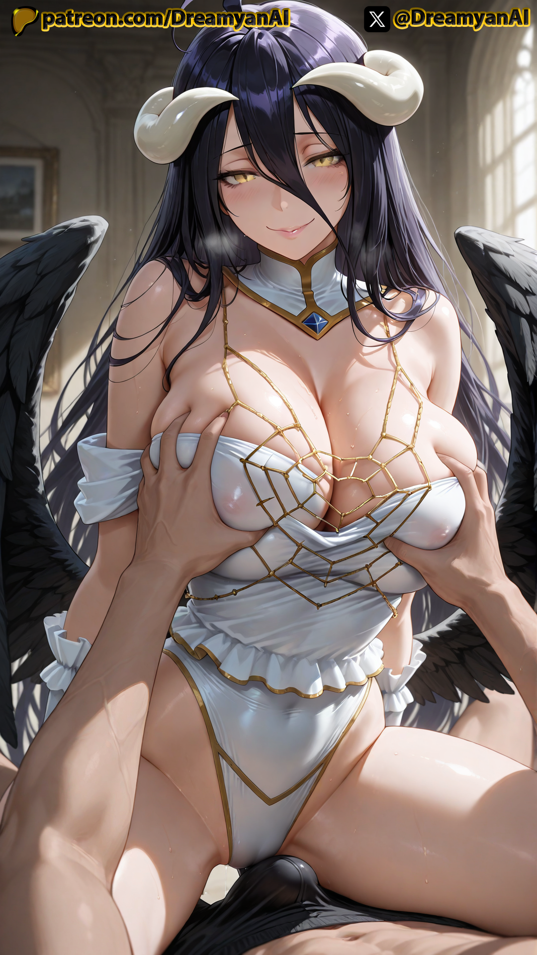 2025, ai, ai assisted, ai generated, albedo (overlord), anime, anime style, artist name, ass, black wings, breast grab, breasts, dark hair, demon, demon girl, demon horns, dreamyan ai, female, hi res, high quality, high resolution, highres, horns, huge breasts, looking at viewer, overlord (maruyama), patreon, seductive, seductive eyes, seductive look, seductive smile, smile, smiling, smiling at viewer, succubus, thick ass, thick thighs, thighs, uncensored, white body, white skin, wings, yellow eyes