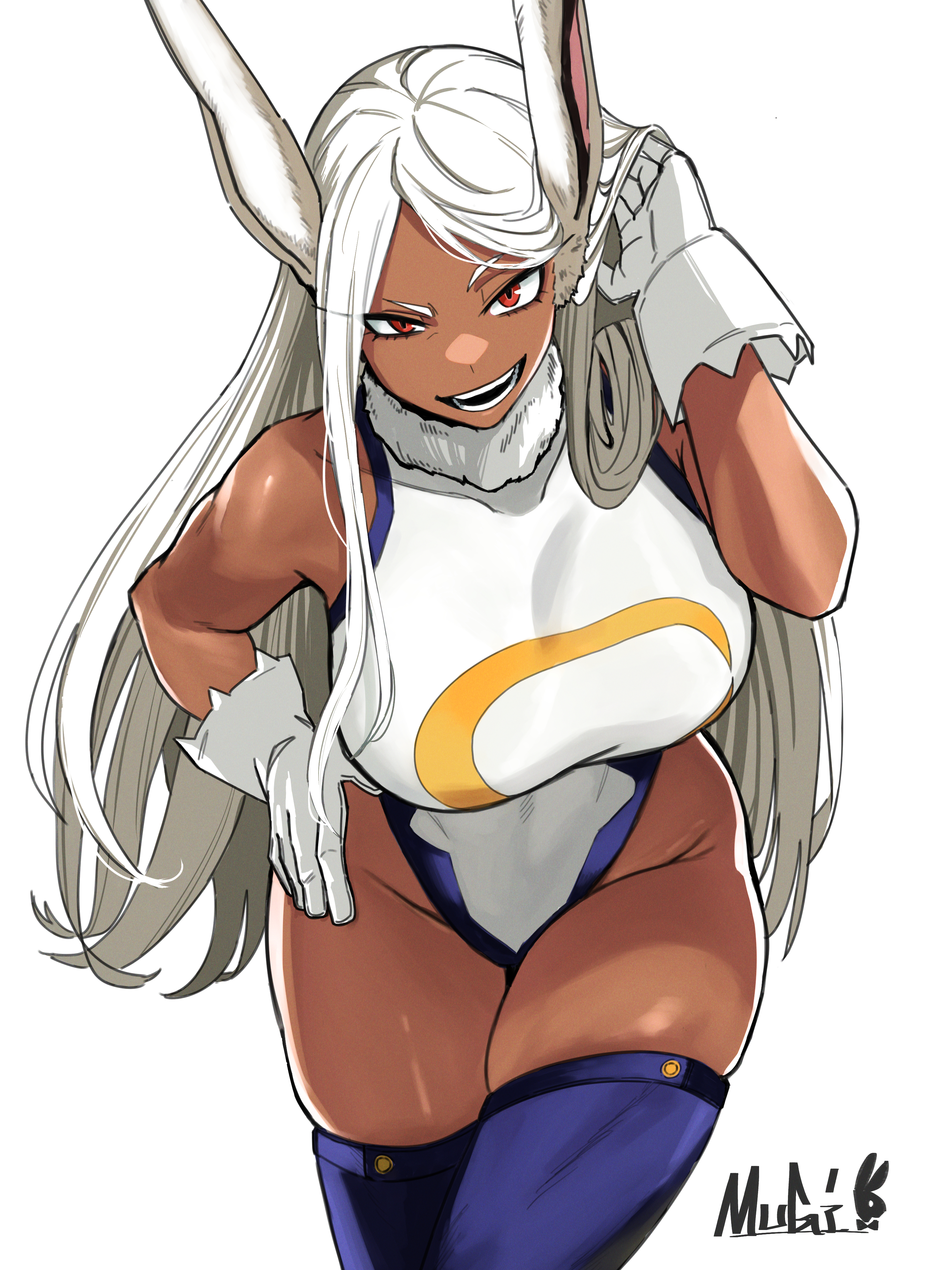 1girls, absurdres, animal ears, arm up, bare shoulders, boku no hero academia, breasts, crescent print, dark skin, dark-skinned female, female, female only, fur collar, gloves, hand in own hair, hand on own hip, highleg, highleg leotard, highres, hourglass figure, kemonomimi, large breasts, leaning forward, leotard, long eyelashes, long hair, looking at viewer, mirko, miruko, mugi (mugit49), my hero academia, open mouth, parted bangs, purple thighhighs, rabbit ears, rabbit girl, red eyes, rumi usagiyama, signature, skindentation, sleeveless turtleneck leotard, slim waist, smile, solo, superheroine, taut leotard, teeth, thick thighs, thighhighs, thighs, toned, toned female, uneven eyes, very long hair, white background, white gloves, white hair, white leotard, wide hips