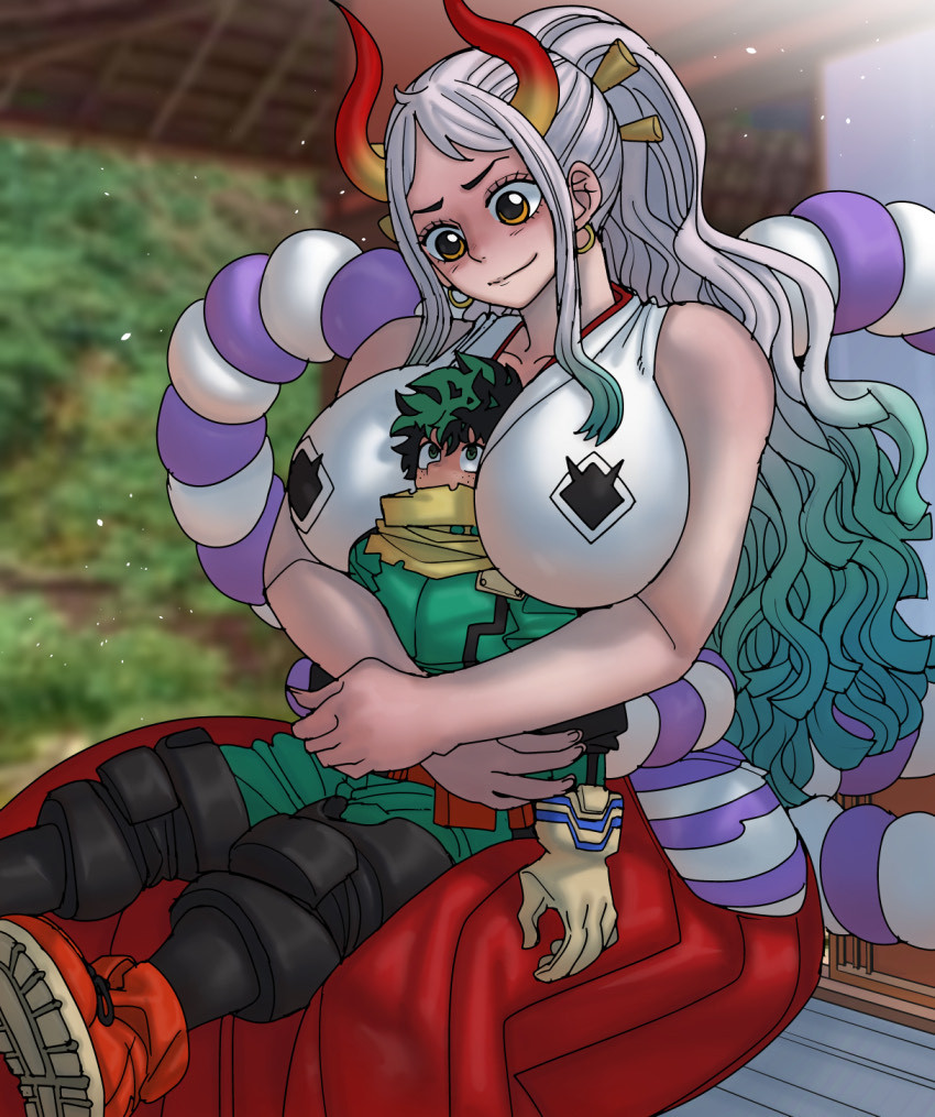 1boy, 1girls, 2boy, bigger female, breasts, brown eyes, clothing, crossover, earrings, female, green eyes, green hair, green-haired male, head between breasts, height difference, horns, hug, huge breasts, hugging, hugging from behind, izuku midoriya, izuku midoriya (hero outfit), looking down, looking up, male, midoriya izuku (hero outfit), multicolored hair, my hero academia, one piece, shosho oekaki, size difference, smaller male, smile, taller male, two-tone hair, white hair, white-haired female, yamato (one piece)