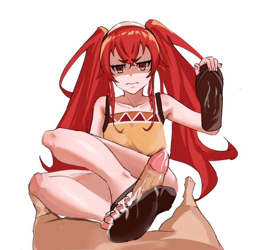 1boy, 1girls, alternate hairstyle, bare legs, bare shoulders, barefoot, collarbone, cum, cum on body, cum on feet, cum on sandals, disgust, eris greyrat, feet, female, foot focus, footjob, footjob between foot and footwear, frown, k4orw prrurwi, legs, light skin, light-skinned female, light-skinned male, male, male pov, mushoku tensei, pov, red eyes, red hair, sandaljob, sandals, toes, twintails, unworn sandals