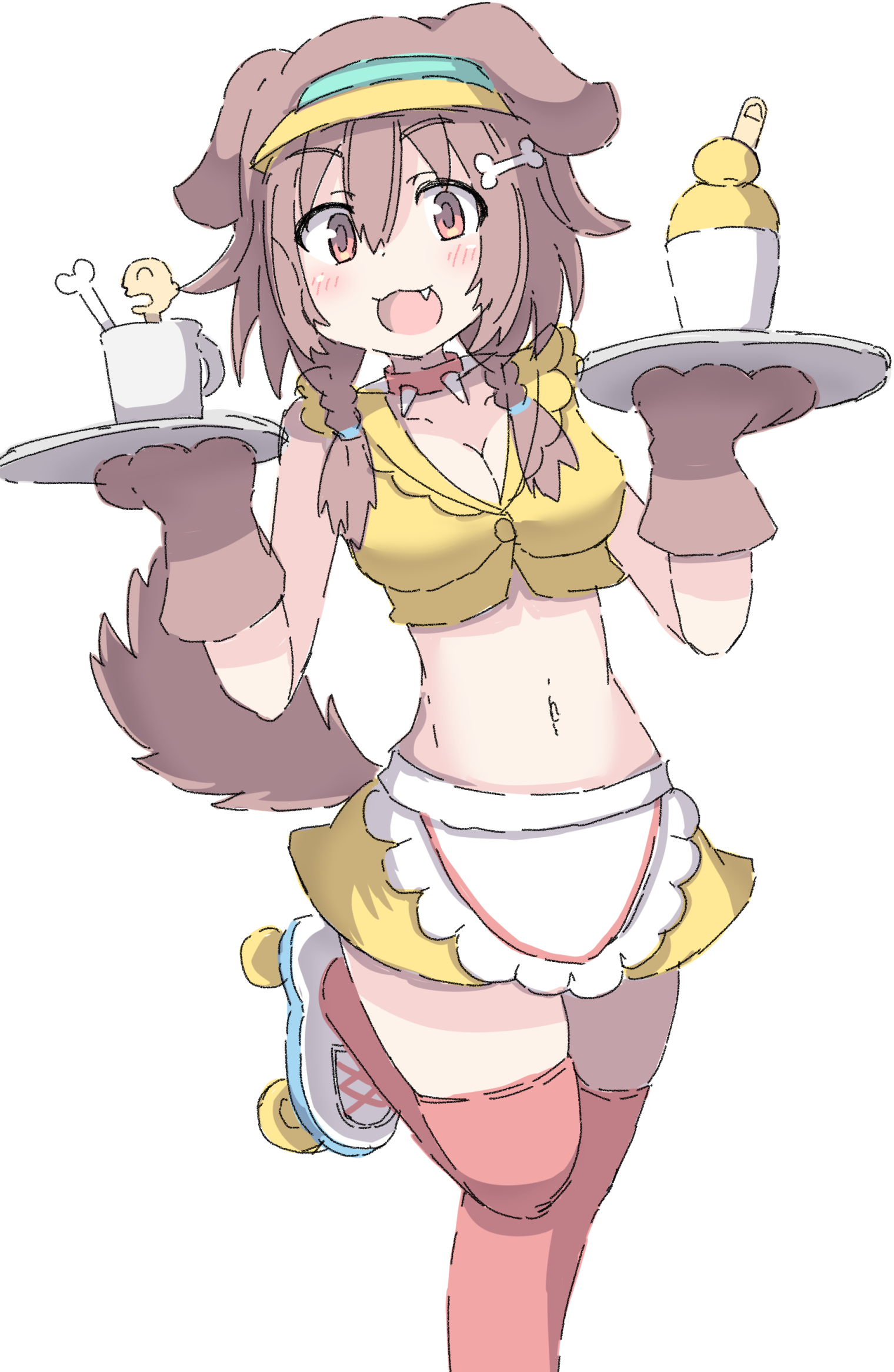 :3, :d, animal ears, animal hands, apron, blush, bone hair ornament, braid, breasts, brown eyes, brown hair, cartoon bone, cleavage, commentary, cropped shirt, dog ears, dog girl, dog tail, female, gloves, hair ornament, highres, holding, holding tray, hololive, inugami korone, large breasts, listener (inugami korone), long hair, looking at viewer, miniskirt, navel, oerba yun fang, open mouth, paw gloves, red thighhighs, roller skates, shirt, simple background, skates, skirt, sleeveless, sleeveless shirt, smile, solo, standing, standing on one leg, tail, thighhighs, tray, twin braids, umberblack, virtual youtuber, visor cap, vtuber, waist apron, white apron, white background, yellow shirt, yellow skirt