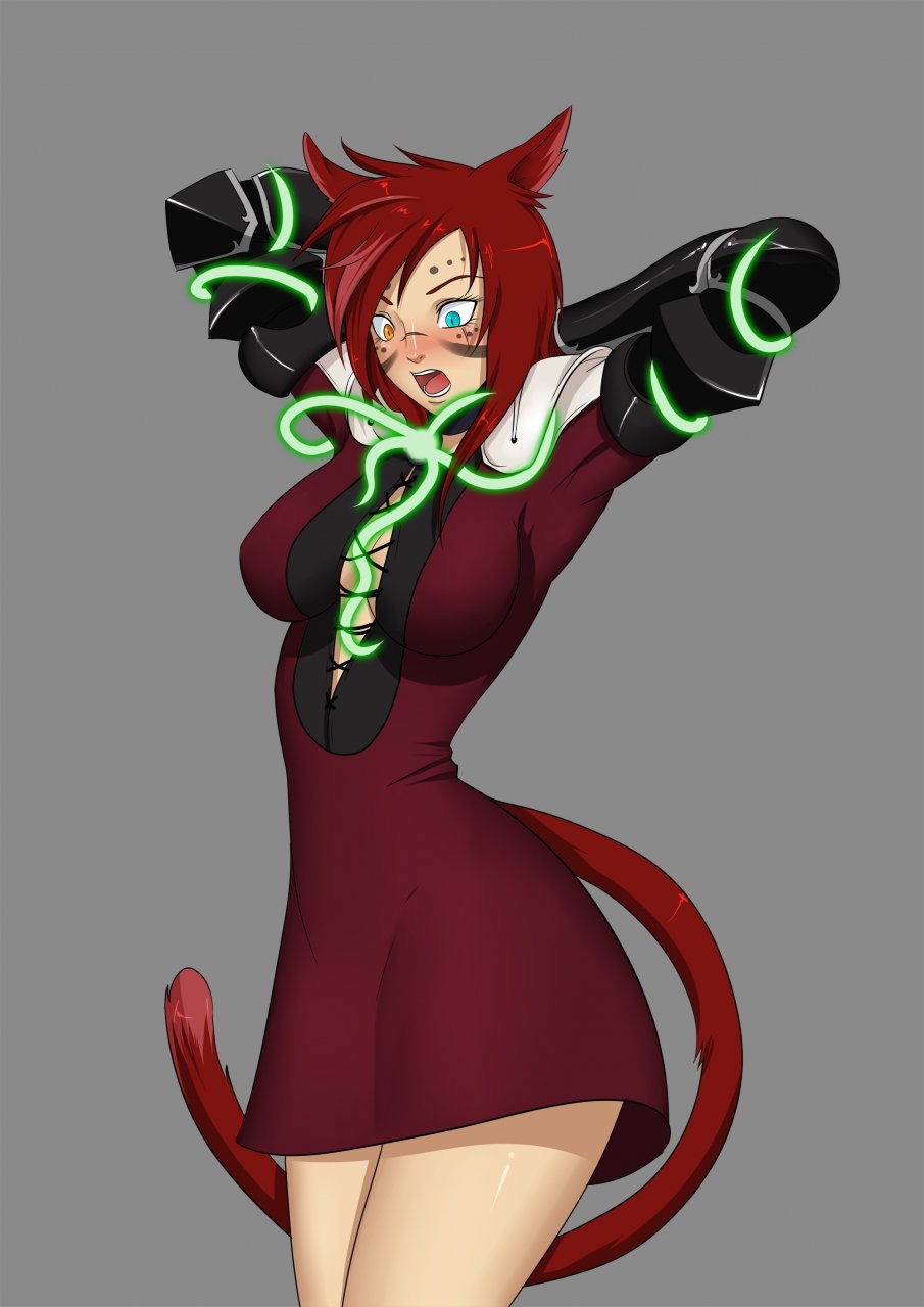 animal ears, blush, bound, cat ears, cat tail, clothing, dress, facial mark, female, final fantasy, final fantasy xiv, heterochromia, miqo'te, nekomimi, oo sebastian oo, open mouth, red hair, sabrith ebonclaw, tail, tentacle