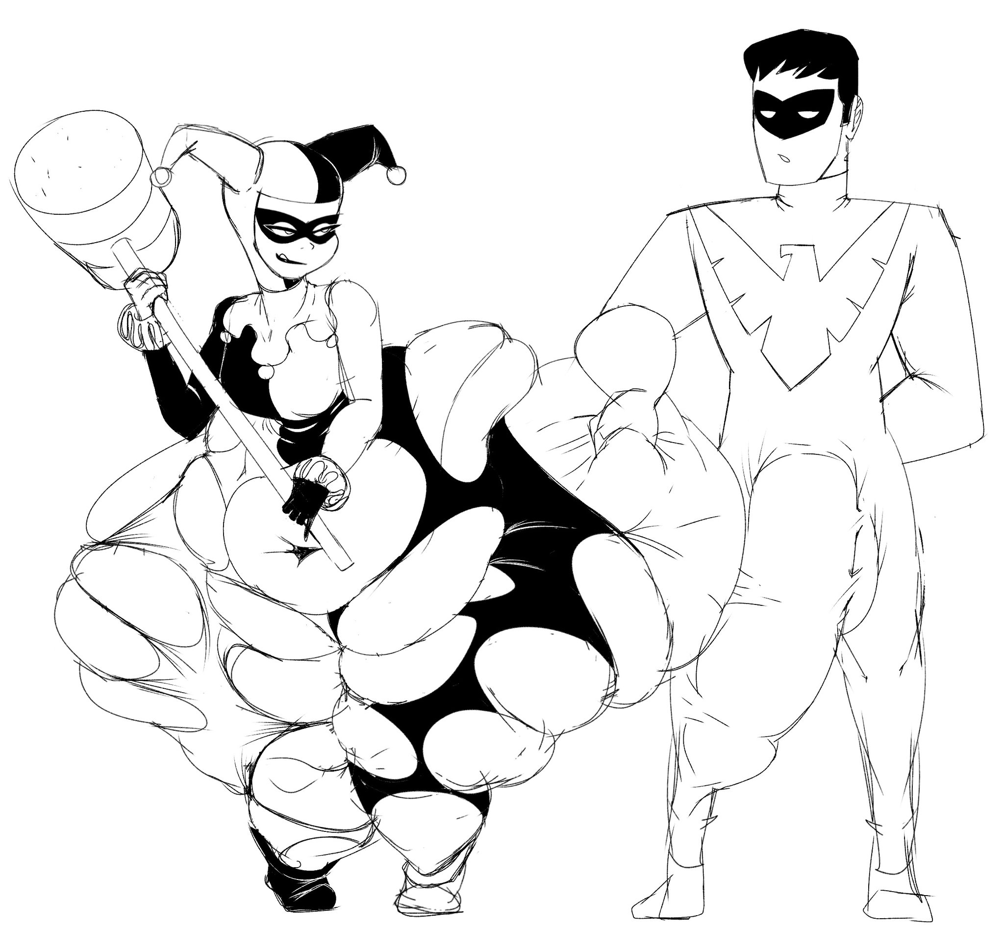 1girls, 2d, 2d (artwork), ass, ass bigger than breasts, ass bigger than head, ass bigger than torso, ass expansion, batman (series), batman: the animated series, bbw, belly, big ass, big belly, bottom heavy, breasts, dc, dc comics, dcau, dick grayson, expansion, fat, female, harley quinn, harley quinn (classic), huge ass, huge cock, huge hips, hyper ass, hyper hips, looking at another, male, massive hips, mrwastemaster, nightwing, nightwing (series), obese, overweight, penis, penis visible through clothing, solo, squeezing, squeezing butt, thick thighs, thunder thighs, torn clothes, weight gain, wide hips