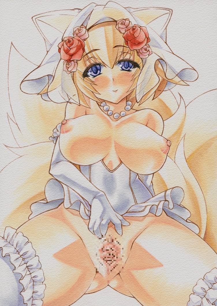 animal_ears blue_eyes blush breasts censored dress elbow_gloves female flower fox_ears fox_tail fur gloves hair_flower hair_ornament large_breasts looking_at_viewer marker_(medium) millipen_(medium) mosaic_censoring multiple_tails nipples pussy ran_yakumo smile solo spread_pussy tail touhou traditional_media wedding_dress white_gloves yutakasan-love