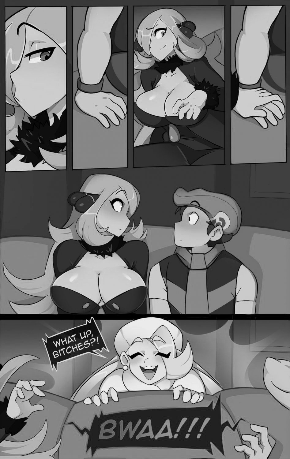 black and white, blonde hair, breasts, cleavage, clothing, comic, cynthia (pokemon), dialogue, english text, female, gilf, huge breasts, human, lucas (pokemon), melony (pokemon), nintendo, pokeaspie, pokemon, pokemon dppt, schpicy, size difference, text