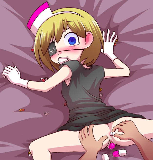 anal_insertion ass blonde_hair blush drugs eye_patch female gloves no_panties nollety pills pop'n_music short_hair tears vaginal_insertion yakko-chan young