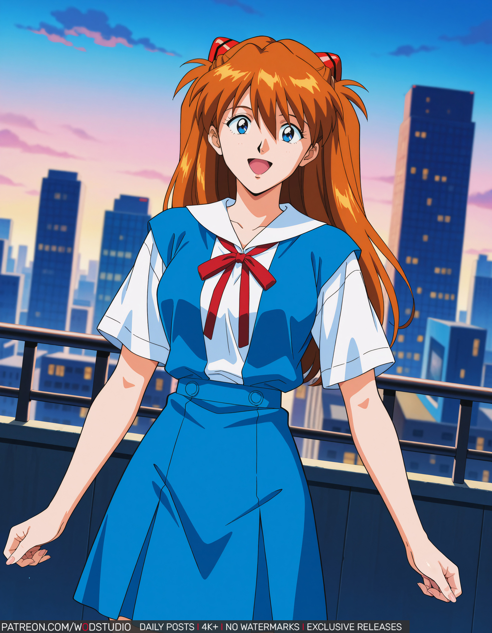 :d ai-created ai_generated asuka_langley asuka_langley_sohryu bangs blue_eyes blue_skirt blush breasts building city clothing cloud collared_shirt copyright female hair_between_eyes hair_ornament hair_ribbon happy headgear headwear high_resolution interface_headset long_hair looking_at_viewer medium_breasts neck_ribbon neon_genesis_evangelion open-mouth_smile open_mouth orange_hair outdoors red_ribbon ribbon school_uniform shirt short_sleeves skirt sky smile solo standing suspender_skirt suspenders tokyo-3_middle_school_uniform two_side_up uniform white_shirt wodstudio
