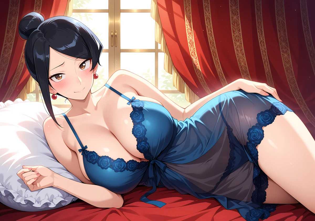1girls, ai generated, big breasts, bijin onna joushi takizawa-san, breasts, female, lingerie, lying on bed, lying on side, smile, solo, takizawa kyouko